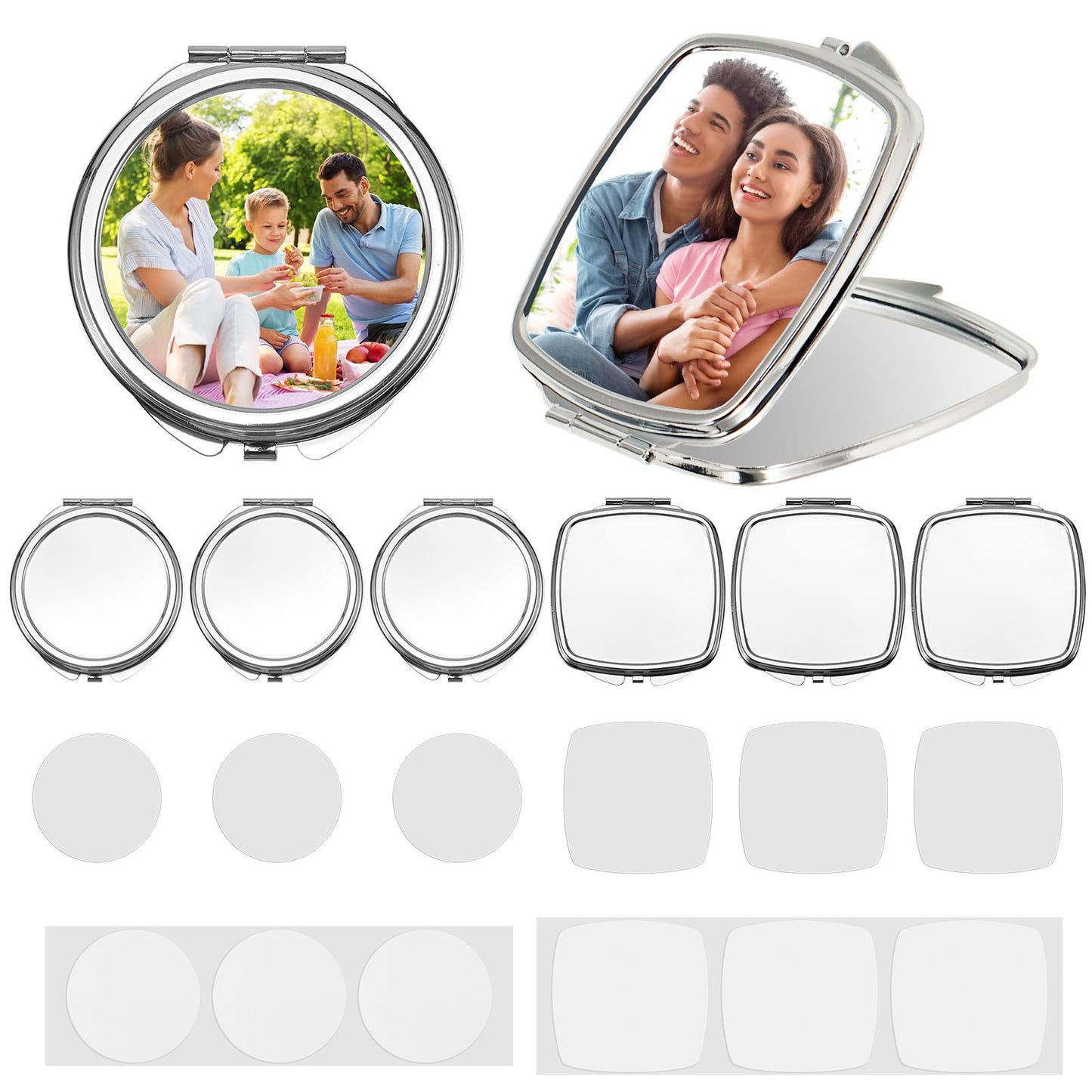 Anpuimult 6 Sets Sublimation Blanks Compact Mirror Bulk,Double Sided Folding Pocket Makeup Mirror, Round/Square Handheld Mirrors for Purse, Travel Daily Use, DIY Heat Transfer Crafts Supplies