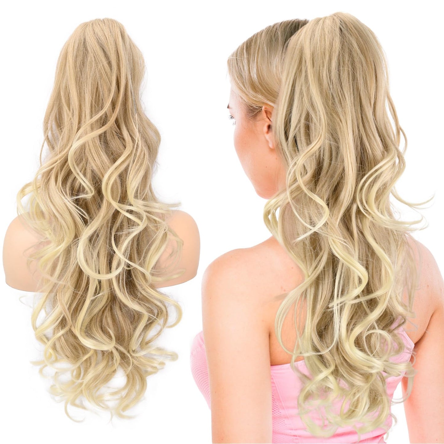 Ponytail Extension - 24" Claw Clip Synthetic Hairpiece | Long Curly Wavy Ponytail for Women - Black