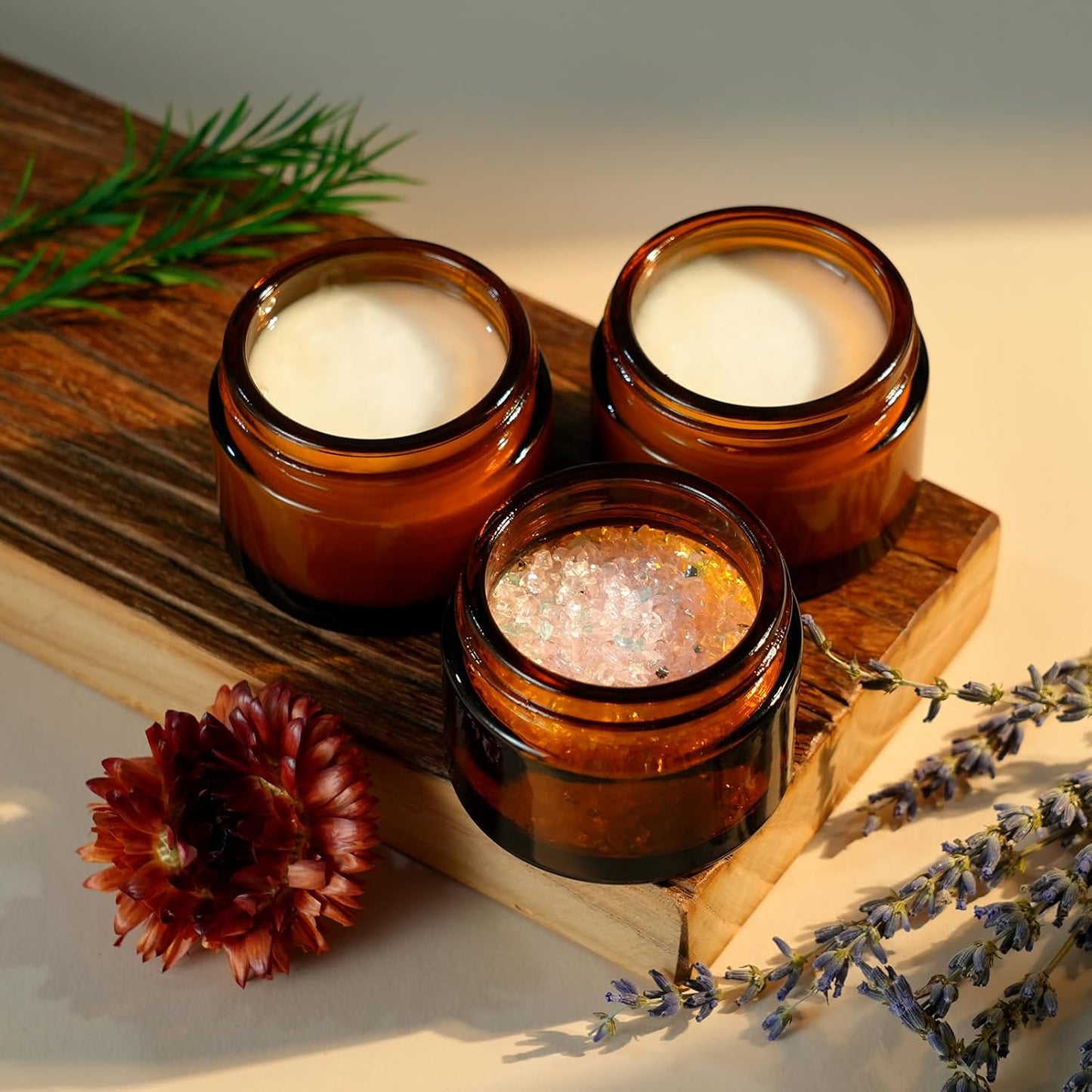 Amber Glass Jars - 45 Pack 2oz Small Lotion & Cosmetic Containers | Travel Jars with Lids & Mini Spoon
