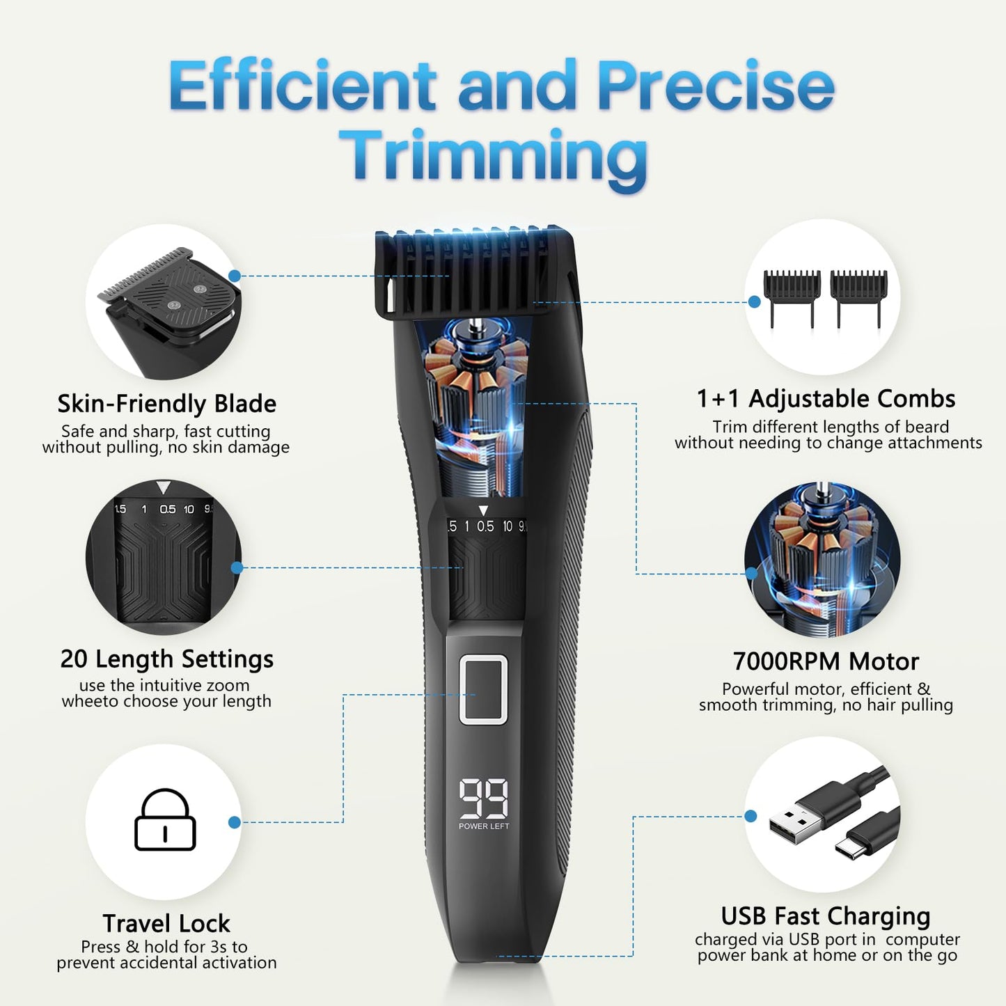 Beatslm Beard Trimmer for Men, 20 Length Adjustable, Cordless Waterproof Clippers, Stainless Steel T-Blade for Precision Facial Hair Trimming with 2 Guide Combs, Travel Lock, LED Display