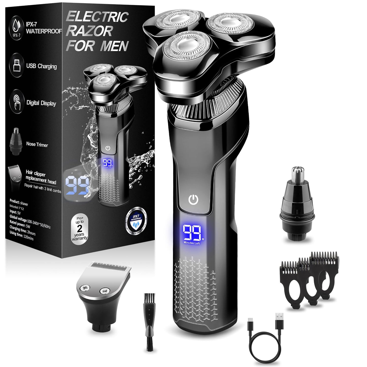 Men's Electric Razor, Upgraded 4D Floating Magnetic Blade Head Rotary Shaver, 3-in-1 Multifunctional for Beard/Nose/Sideburns, IPX7 Waterproof Rechargeable Cordless Shaver, Turbo Speed, Gift for Men