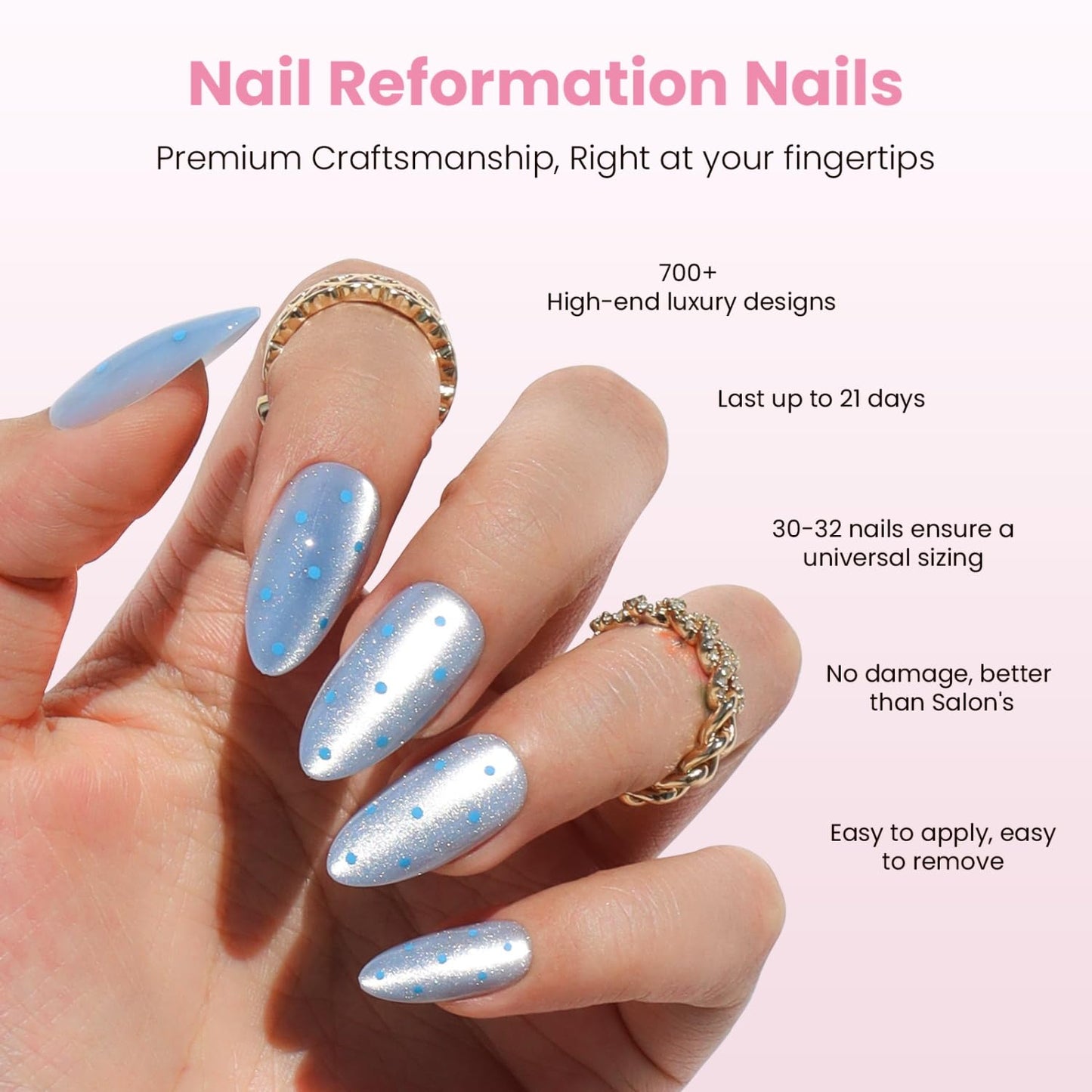 Nail Reformation Press On Nails, Blue Moon | Polka Dot Medium Almond Fake Nails with Oceanic Blue Cat-Eye & Magnetic Shimmer, Reusable Stick On Nails Kit - 30 Pcs in 15 Sizes, Manicure Gifts for Women