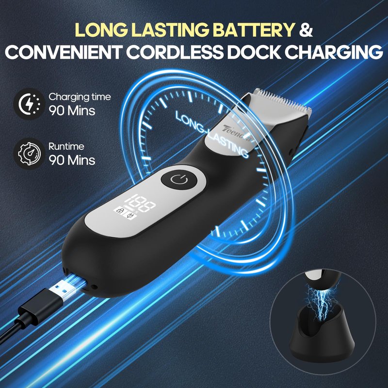 TEENOVA Manscape Body Hair Trimmer for Men, No Nick Pubic Bikini Trimmer for Women, 3 in 1 Versatile Groin Shaver with Nose Hair Trimmer, Cordless Dock Charging, LED Display, Wet/Dry Grommer (Silver)