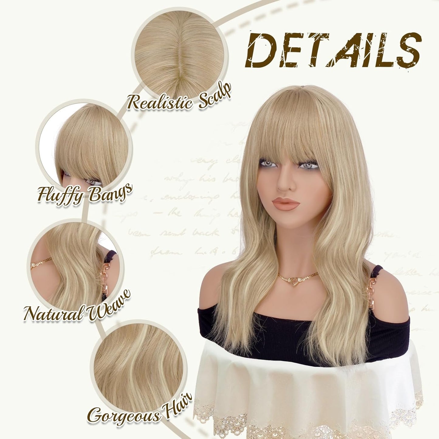Blonde Wigs with Bangs - 19-Inch Natural Wavy Synthetic Hair | Heat Resistant Medium Length, Dirty Blonde
