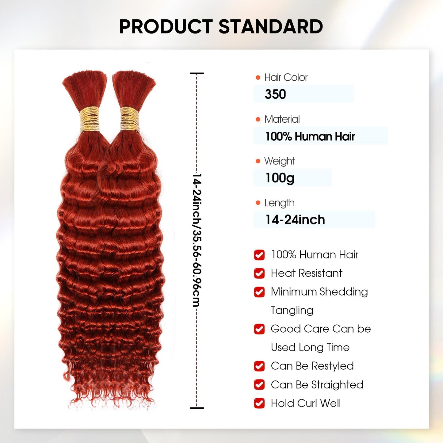 Human Braiding Hair 20 Inch 100g Ginger Deep Wave Bulk Human Hair for Braiding No Weft Curly Bundles Human Hair Extensions for Boho Knotless Braids Wet and Wavy (350)