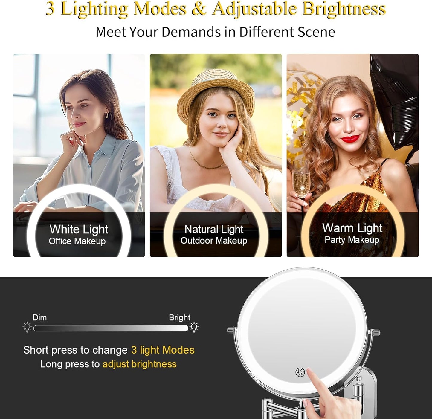 Rechargeable Wall Mounted Makeup Mirror with Lights - 3X/20X Magnification, 3 Color Options, Touch Dimmable, 360° Rotation