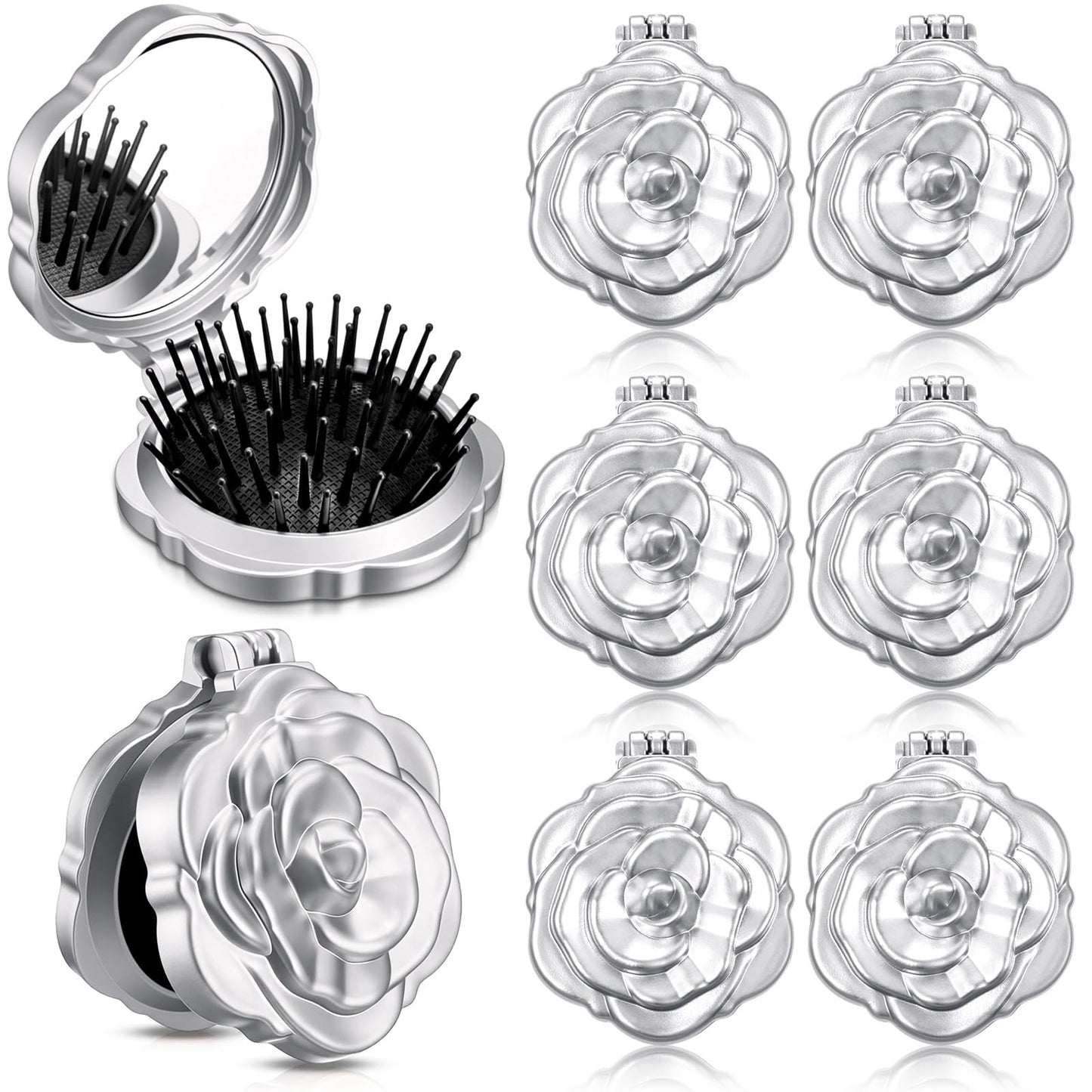 Sunnychicc 6 Pcs Rose Travel Brush for Women Mini Compact Purse Hair Brush with Mirror Wedding Bridal Bachelorette Favor Portable Pocket Mirror Folding Comb for Hairstyle Birthday Gift(Silver)