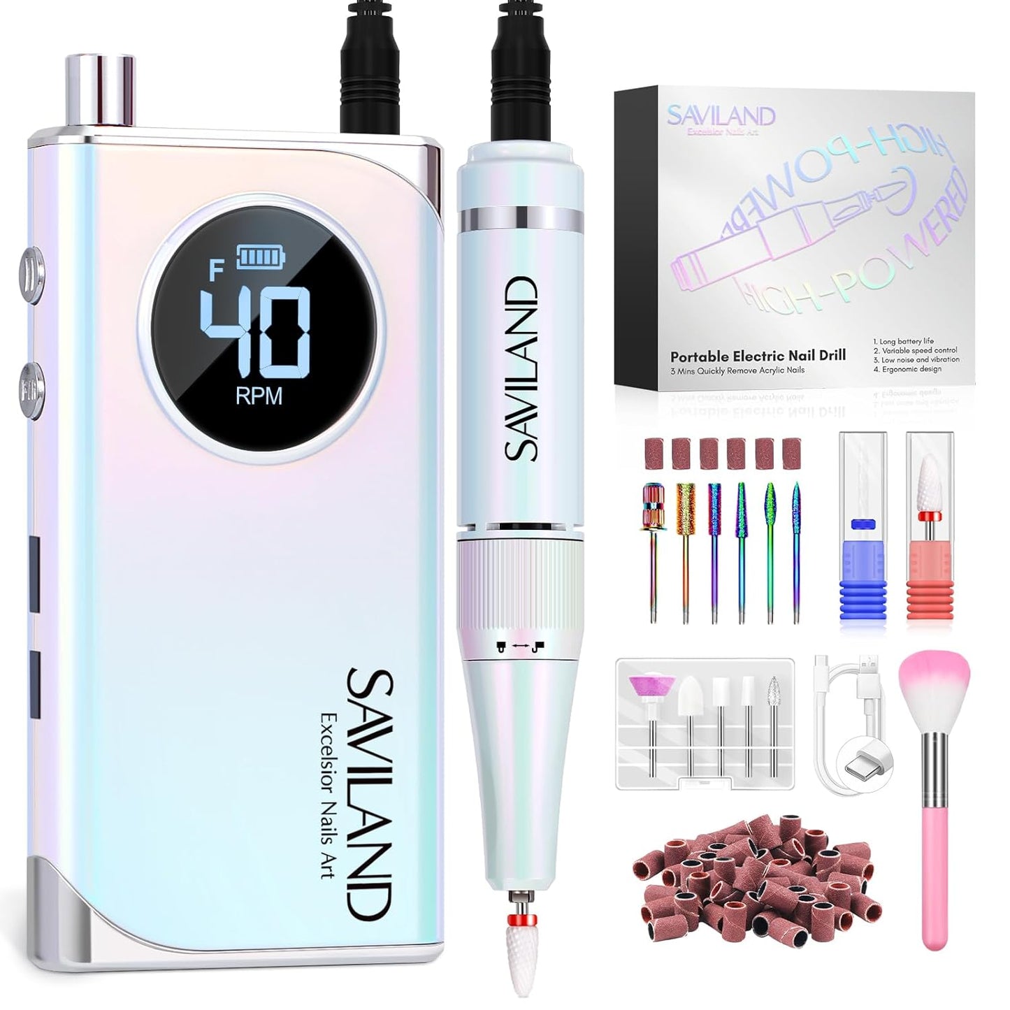 SAVILAND Nail Drill for Acrylic Nails - 40000RPM Rechargeable Electric File with 13 Bits | High Capacity 6000mAh