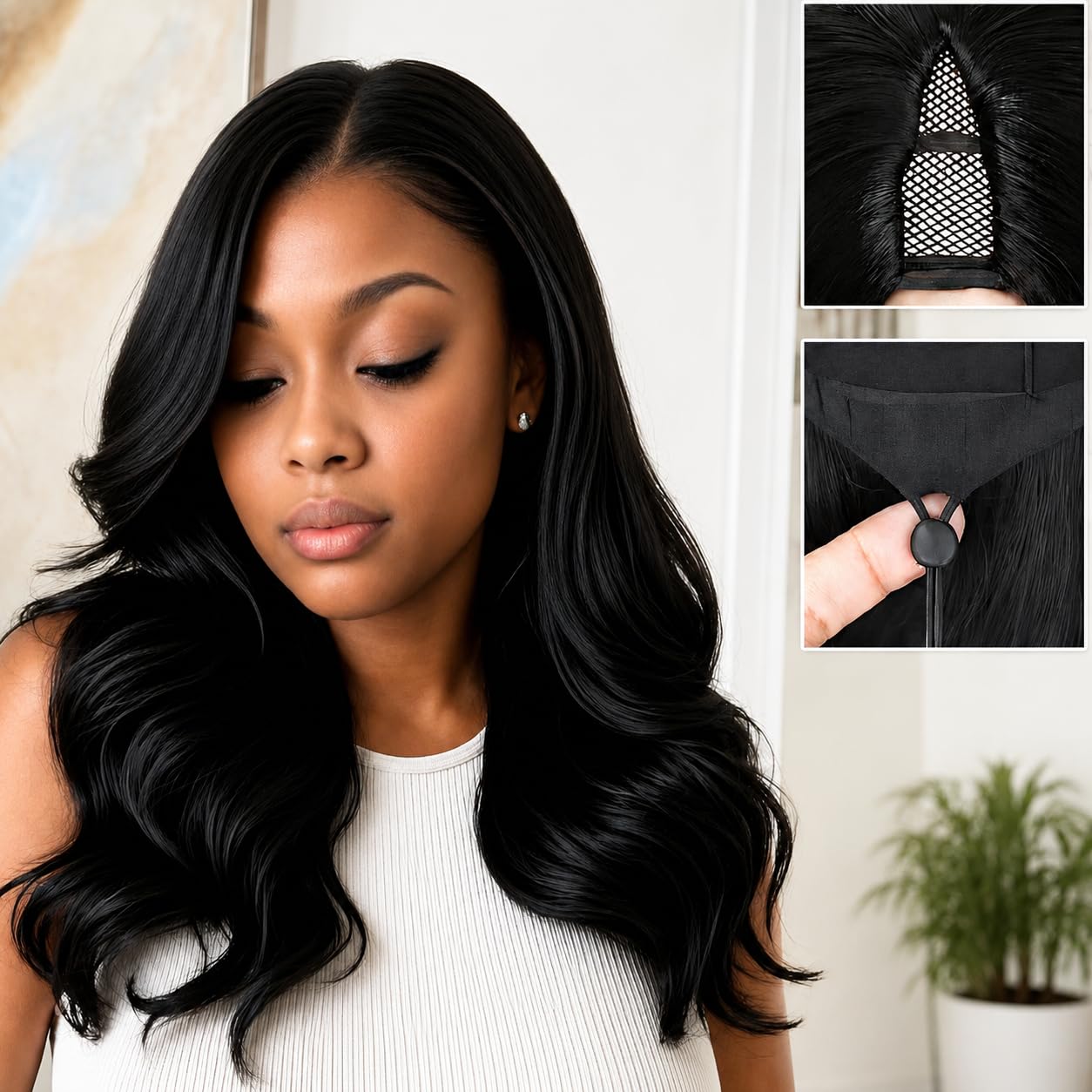 V Part Wig Human Hair Body Wave - 200% Density Glueless Clip-In Half Wig for Women | Natural Black 18 Inch