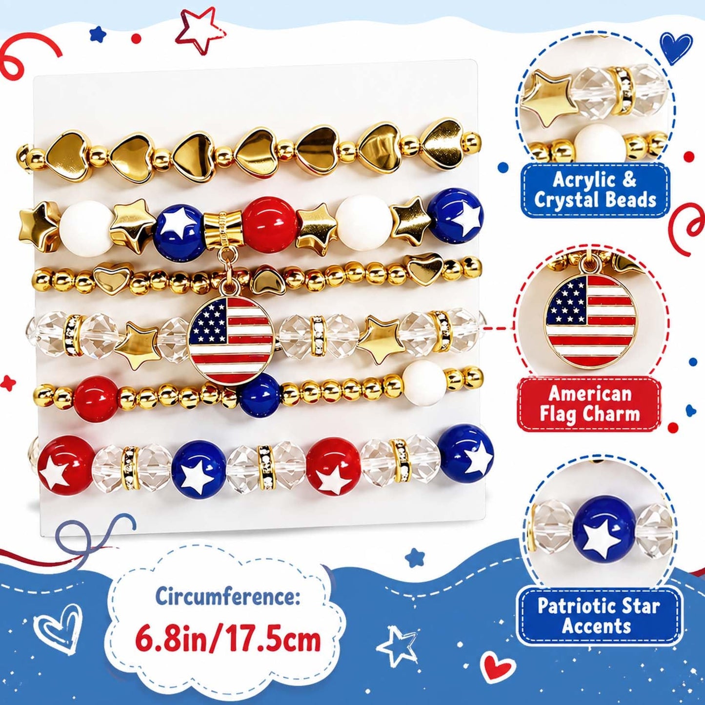 CANUMARA 4th of July Patriotic Bracelets for Women Men Teens – Red White Blue Beaded Stackable Stretch Bracelets – USA Independence Day Gifts – American Flag Handmade Jewelry（SSL-1 6T）