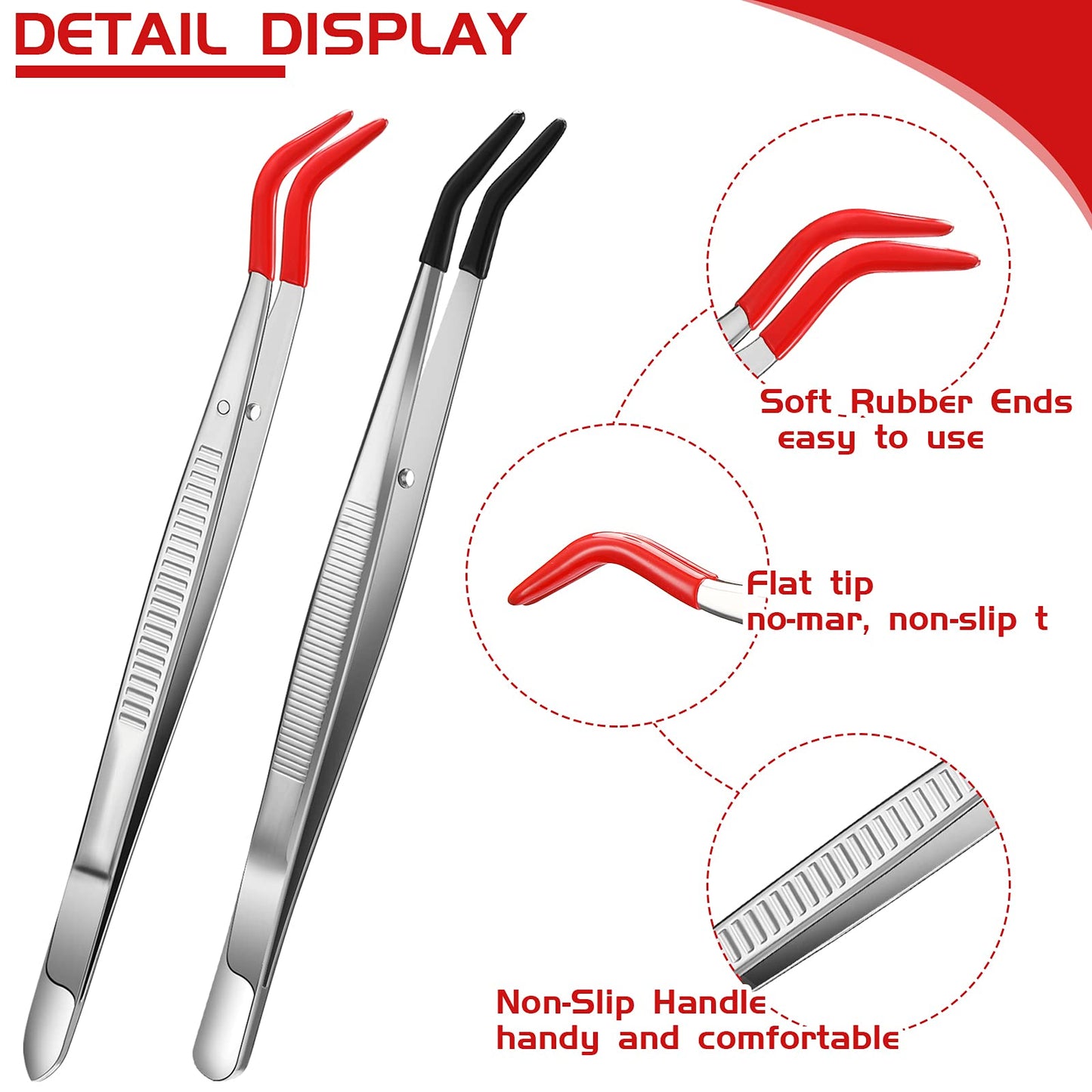 Honoson 2 Pieces Tweezers Curved Bent Tip Tweezers with Rubber Silicone Tips PVC Coated Non Marring Soft Long Rubber Stainless Steel Tools for Jewelry Crafts(Red, Black)