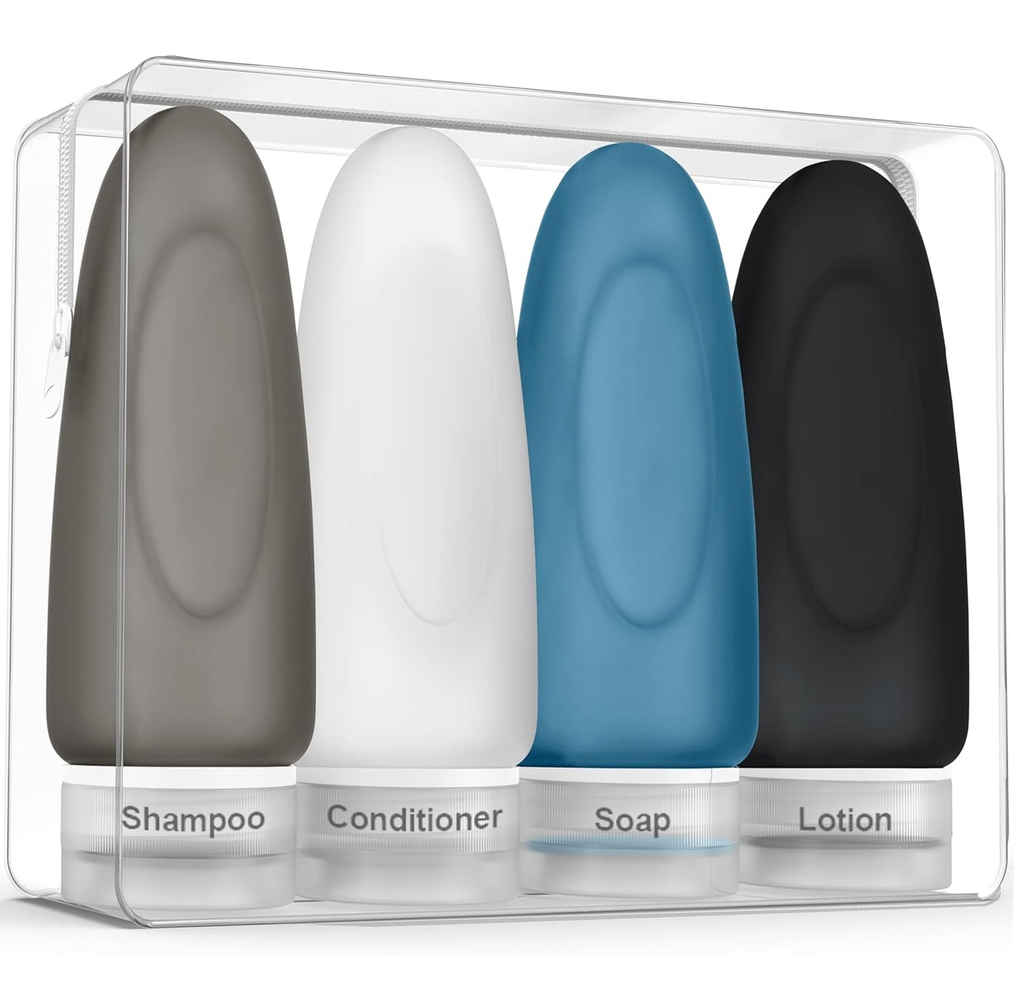 Leak Proof Travel Bottles - TSA Approved 3oz Silicone Toiletries for Shampoo & Conditioner | Set of 4 with Labels