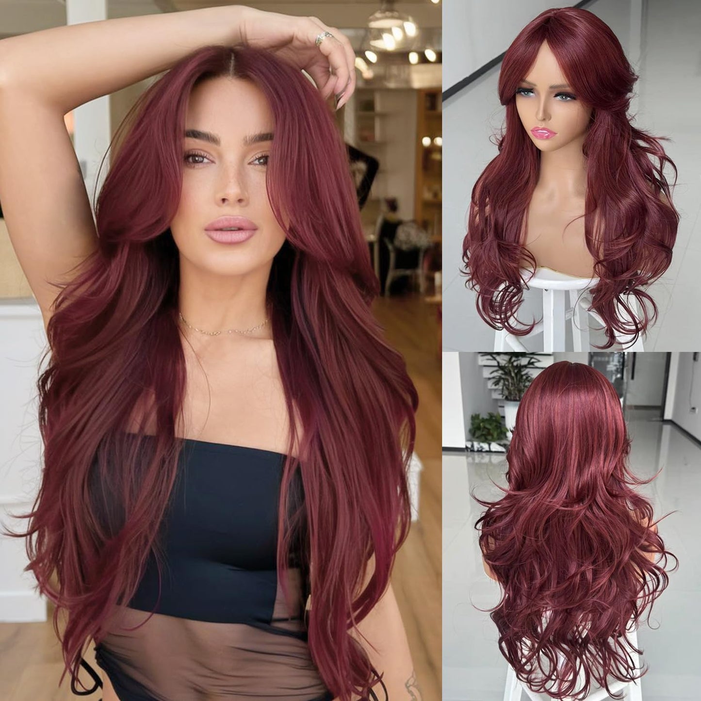 Long Black Wavy Wig for Women - Layered Synthetic Hair with Curtain Bangs | 24-Inch Natural Look