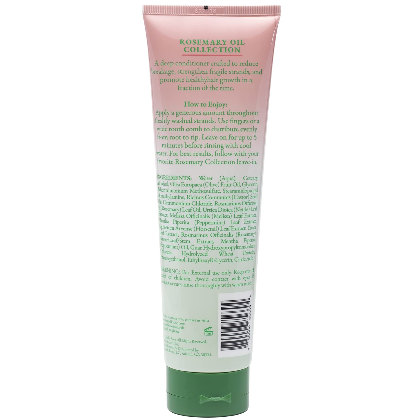 Camille Rose Hair Mask, Rosemary Oil – 5-Minute Strengthening Deep Conditioner for Refreshing Dry, Damaged Hair, Frizz Control, 8.5 Oz