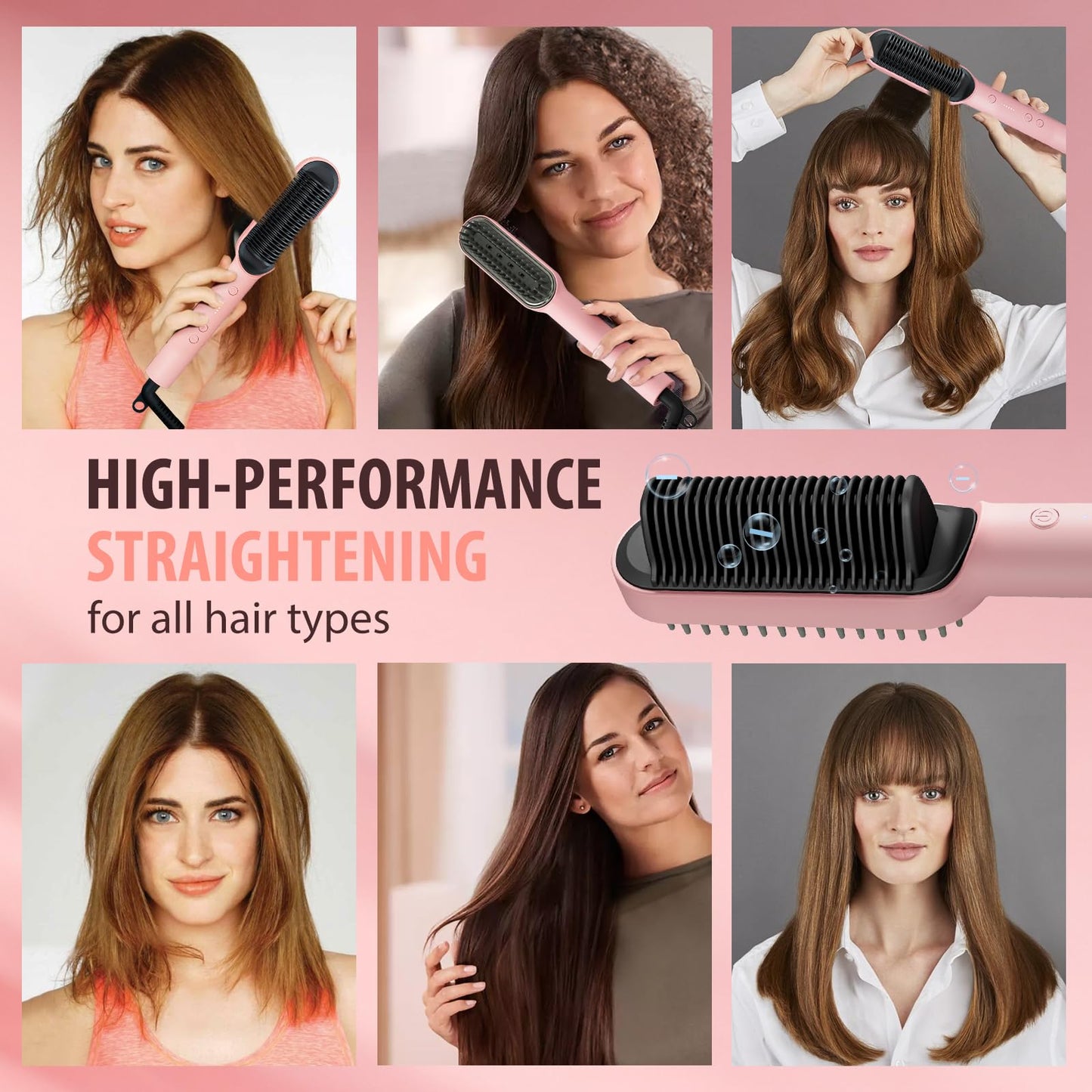 ISTORAGE Hair Straightener Brush, Ring Ionic Hair Straightener Comb Ceramic Straightening Brush for Women with 5 Temps 15s Fast Heating & Dual Voltage, Pink