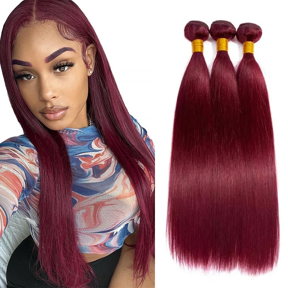 99J Human Hair Bundles Burgundy Straight Bundles 22 24 26 Inch 150g Mixed Length Brazilian Remy Red Human Hair Bundle for Women