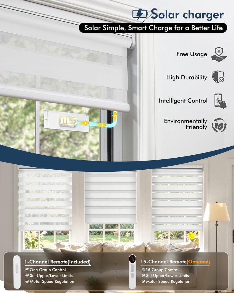 LICHTDIM24 No Drill Motorized Zebra Blinds with Remote,Cordless Shades Dual Layer,Thermal Insulated Upgraded Shades(White,33.5" W x 72" H)