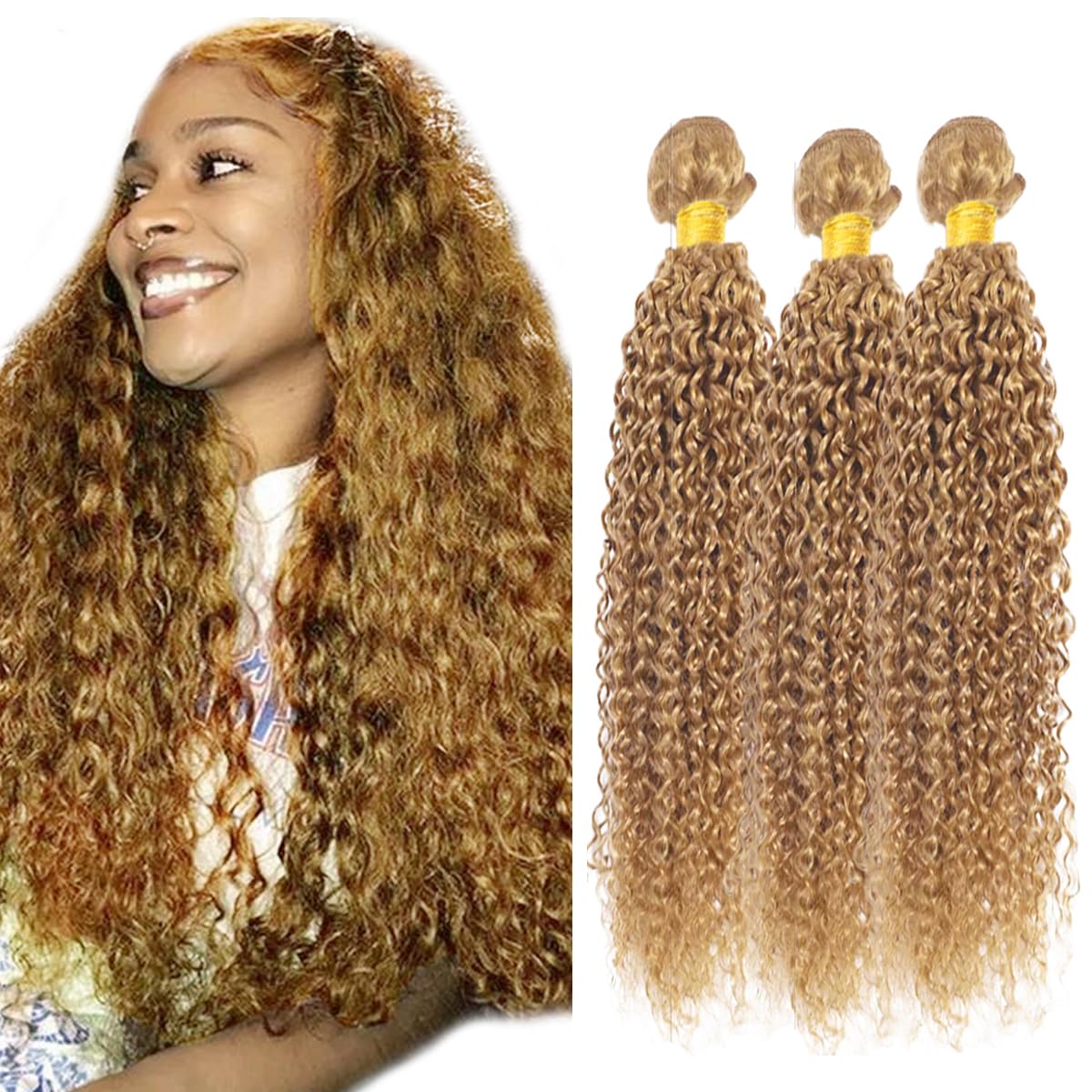 AuokMar Honey Blonde Human Hair Bundles Color 27 Kinky Curly 3 Bundles 26 28 30 Inch 8A Peruvian Virgin Hair Double Weft Blonde Hair Extensions 300g