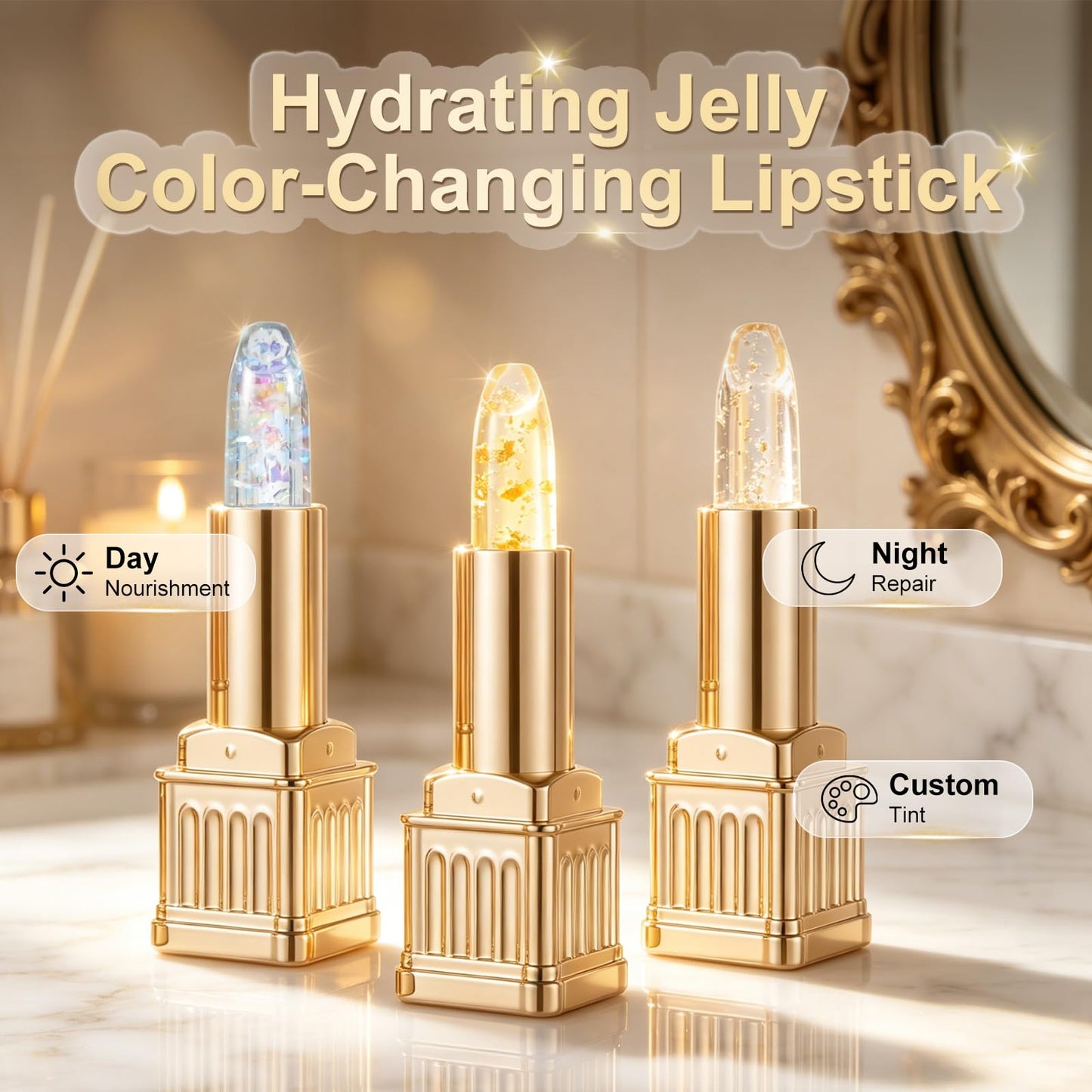 TRWLCFF 2Pcs PH Color Changing Lipstick, Clear to Tinted Lip Balm, Long Lasting Hydrating Lip Gloss, Non-Sticky, pH Adaptive Lip Makeup for All Skin Tones (Gold Pink)