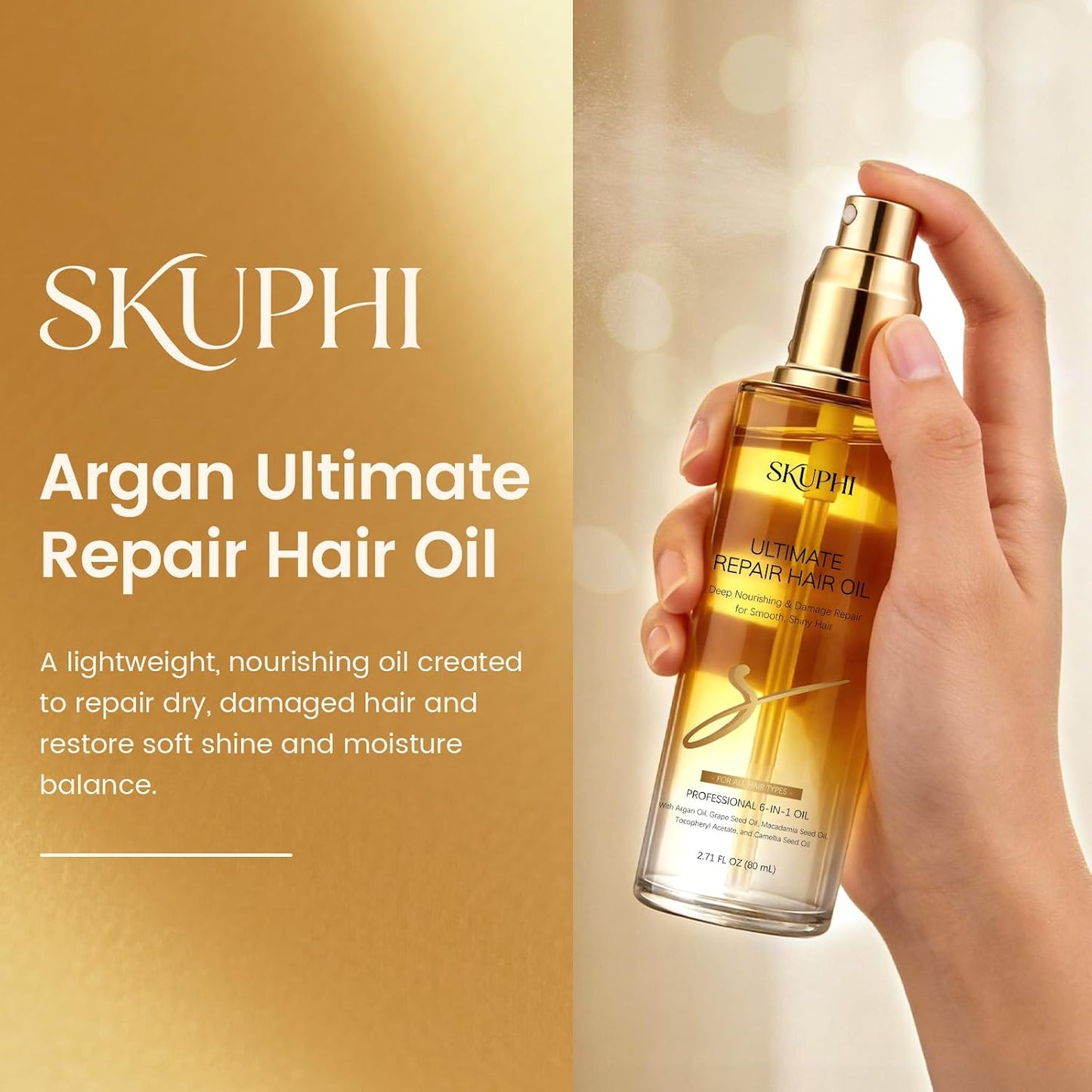 Argan Oil Hair Spray - Cold-Pressed Serum Mist for Dry, Damaged Hair | Nourishing Treatment, 80ml/2.7 fl. oz.