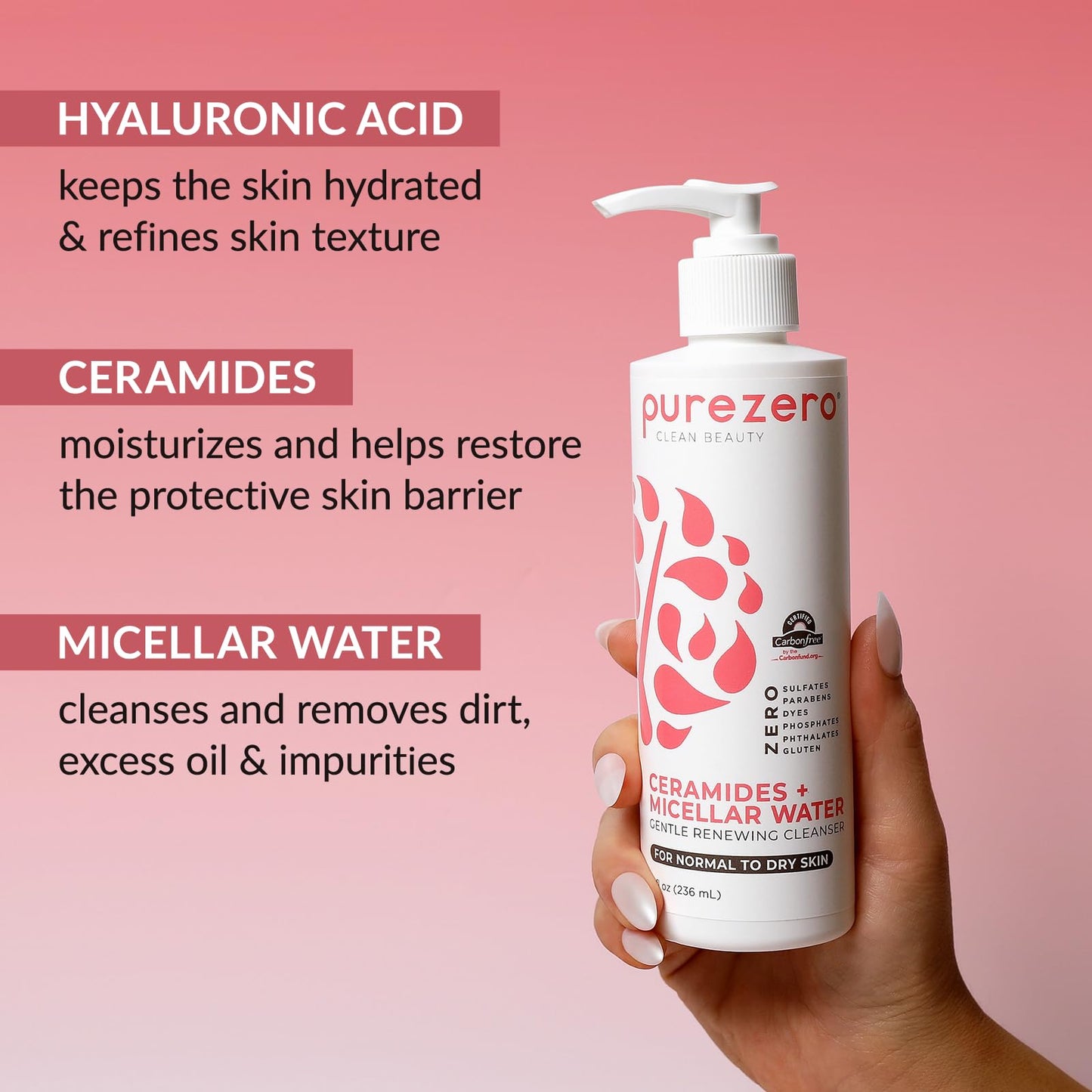 Purezero Hydrating Gentle Face Cleanser – Hyaluronic Acid Gentle Moisturizing Cleanser + Ceramides, Micellar Water, Fragrance-Free, Zero Sulfates, Parabens, Vegan & Cruelty-Free, 8 oz