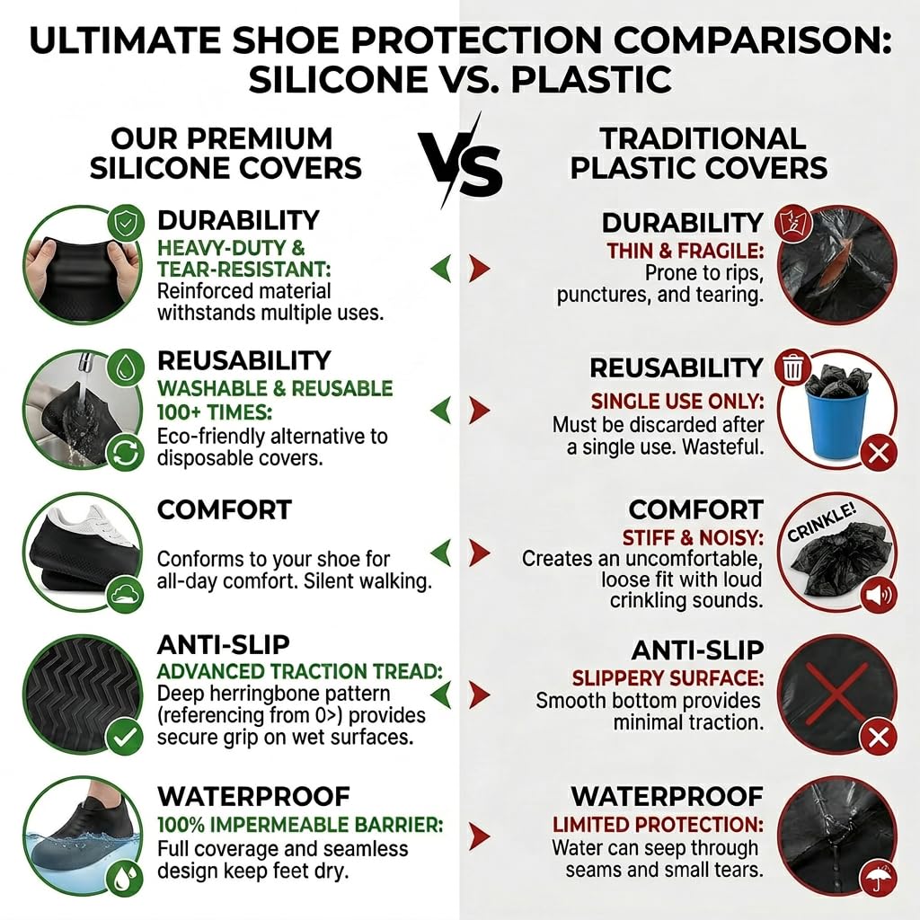 Waterproof Reusable Silicone Shoe Covers, Elastic Non Slip Overshoes for Rain Mud Travel Commuting Outdoor Shoe Protection, Silicone Rain Boot Covers for Daily Use Black Large