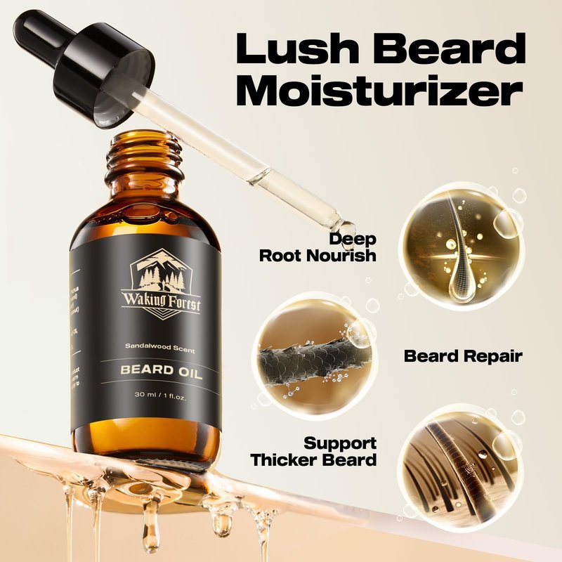 Waking Forest Sandalwood Beard Oil for Men - Biotin Mustache Oil with Vitamin E, Rosemary & Castor - Beard Care Softener, Strengthens, and Moisturizes - Beard Conditioner (1 Oz)