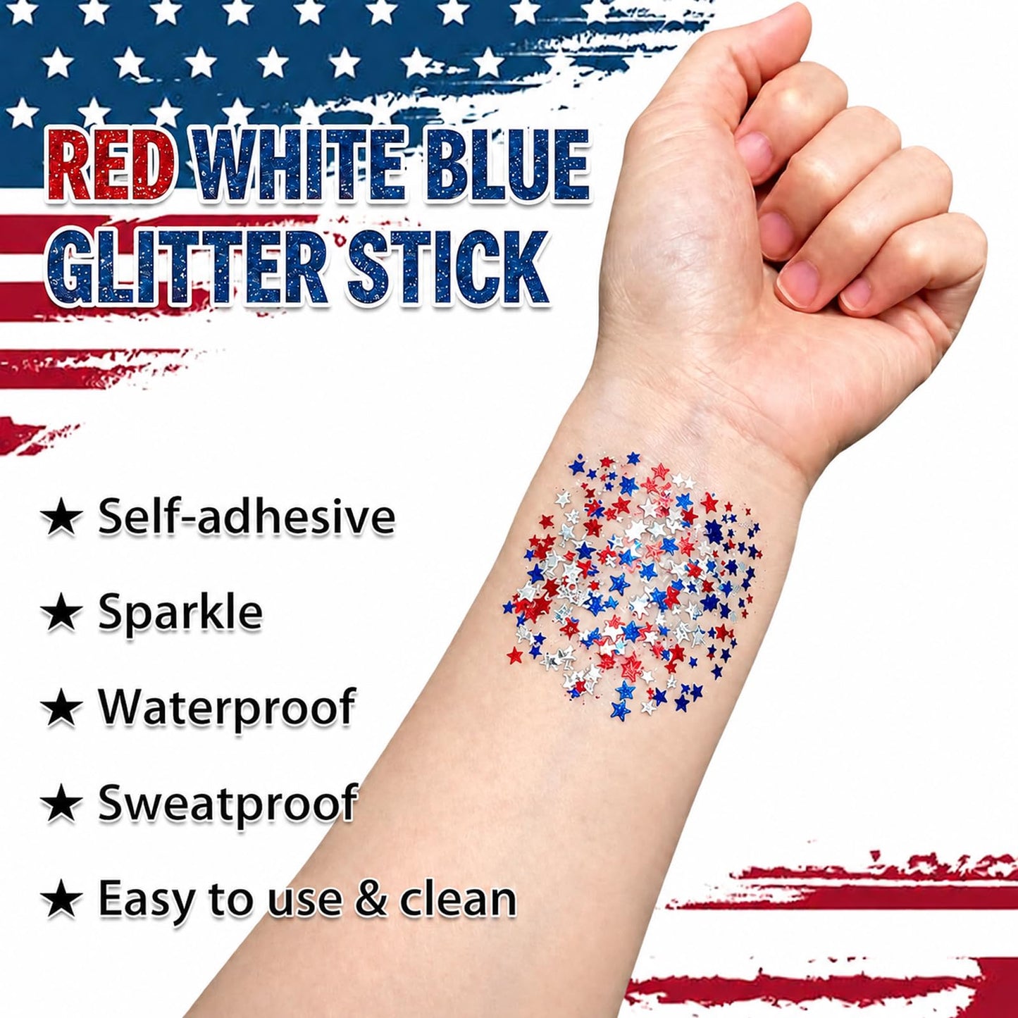 4th of July Body Glitter Stick, Patriotic Hair Face Glitter Stick, Fourth of July Outfits and 250th Anniversary Accessories, USA Flag Accessories for Women, Red White and Blue Waterproof Hair Glitter