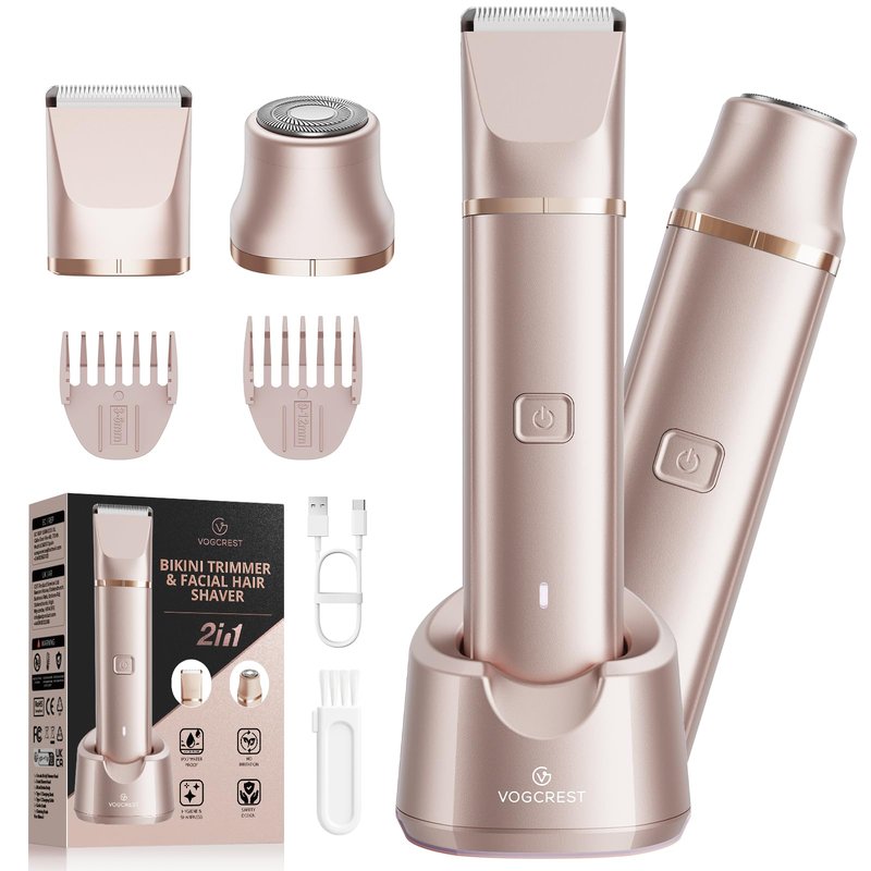 VG VOGCREST Bikini Trimmer for Women: Rechargeable 2-in-1 Painless Body Shaver for Leg Arm Underarm with Length Combs - Portable Travel Friendly Pubic Grooming Kit with Charging Dock (Light Pink)