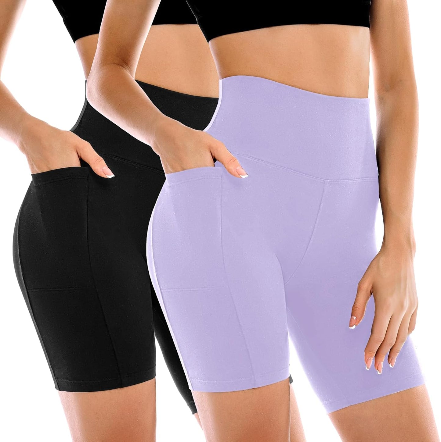 High Waisted Tummy Control Biker Shorts for Women - 2 Pack with Pockets | Yoga & Workout Gear