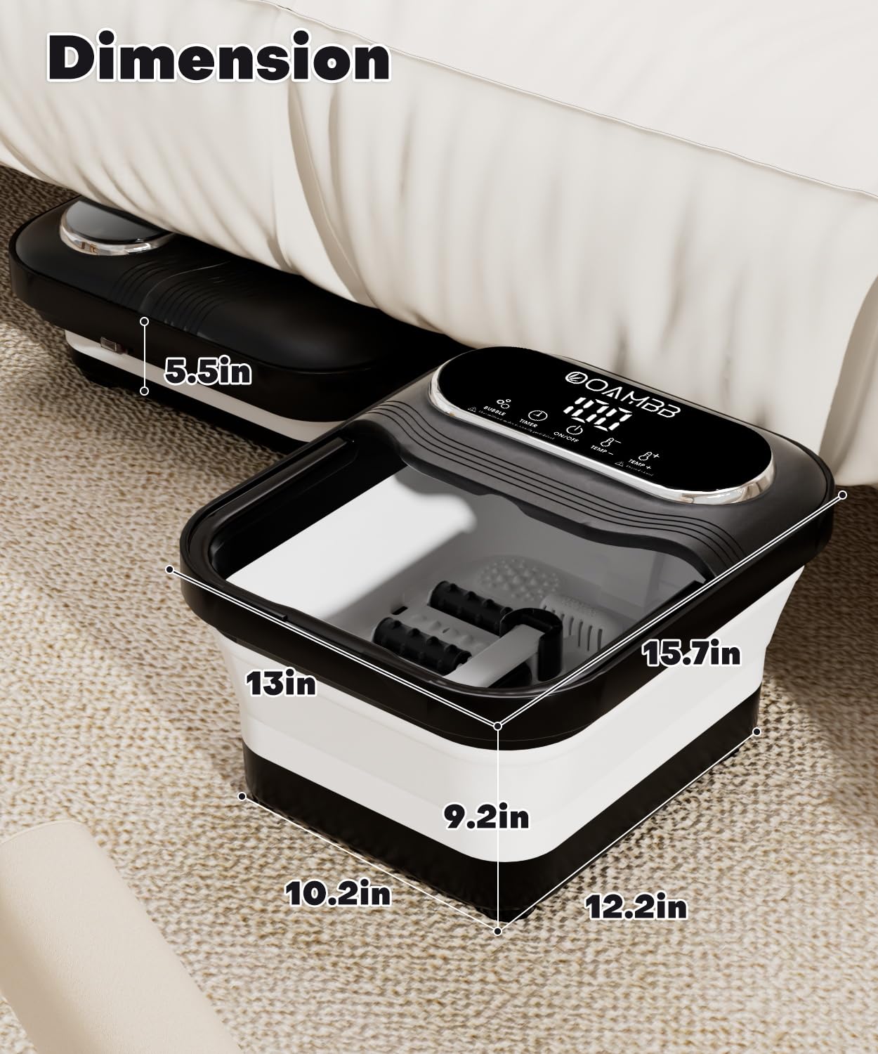 OOAMBB Collapsible Foot Spa with Heat, Bubble and Temp Control, Remote, Foot Bath Massager with XL Touch Screen and Massage Rollers, Foot Soaking Tub, Pedicure Foot spa for Stress Relief (Black)
