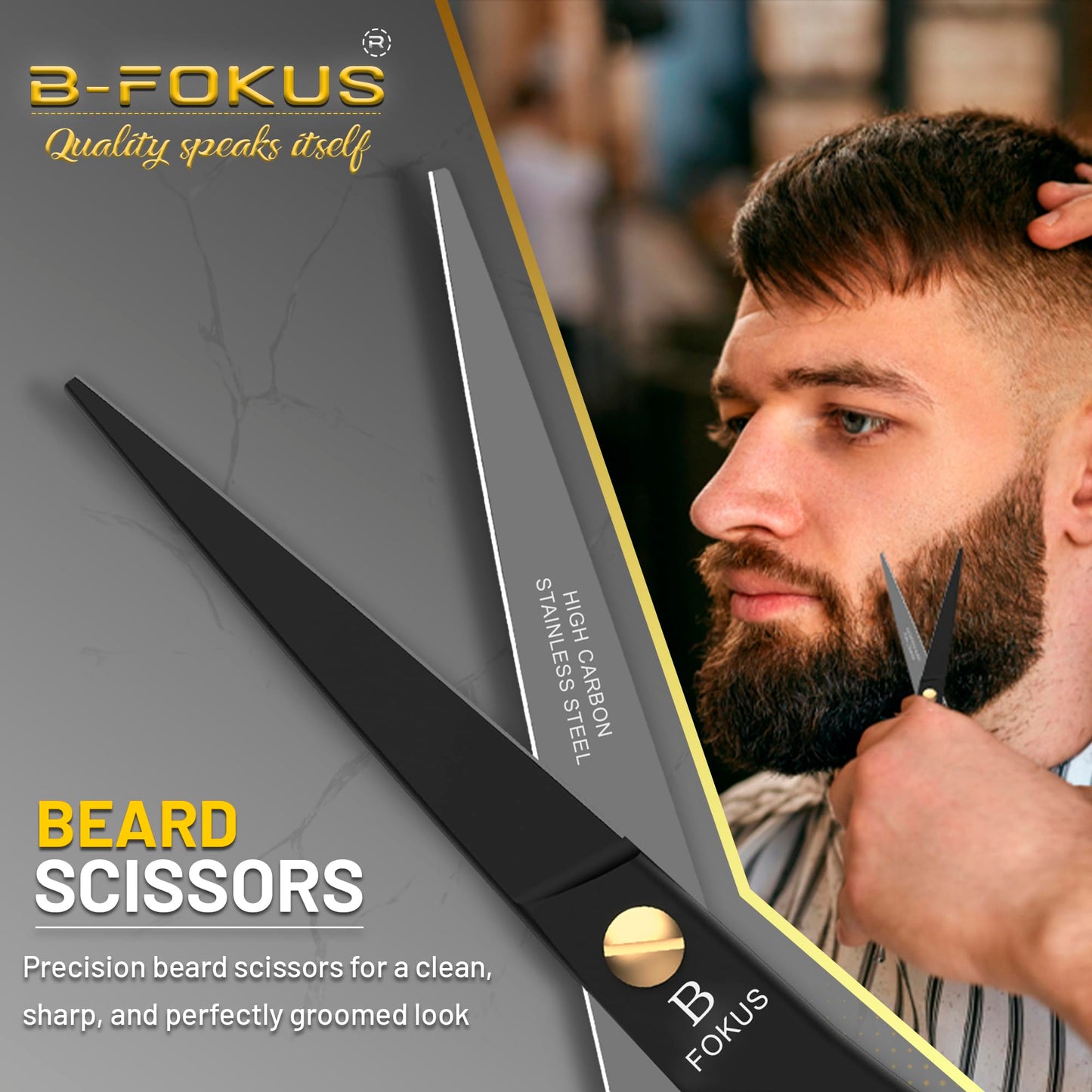 5" Premium Beard Mustache Scissors, Black High Carbon Stainless Steel Beard Scissors with 1 Beard Comb, 1 Mustache Comb, 2 Stickers and Tarvel Pouch. Beard Trimming Scissors for All Facial Hair