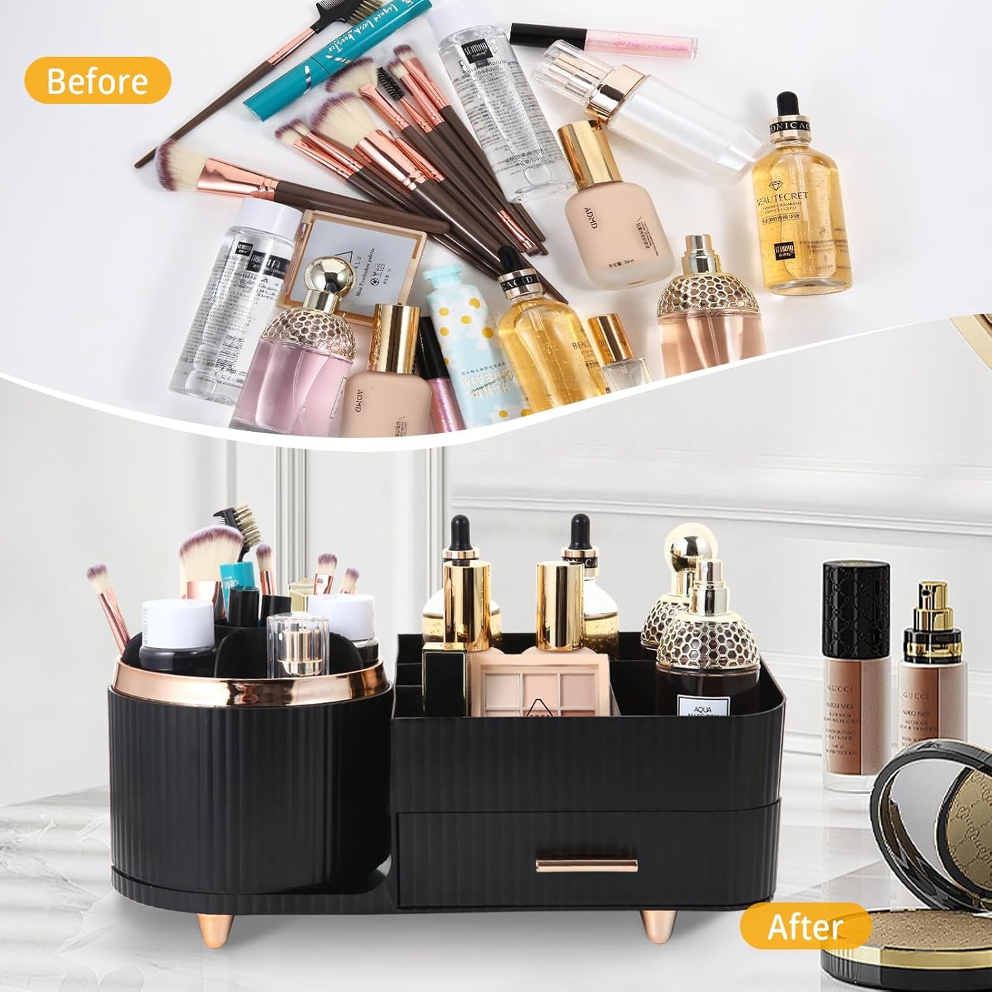 Makeup Organizer - 360 Rotating Brush Holder with Drawer | Large Capacity Skincare & Cosmetic Storage - Black