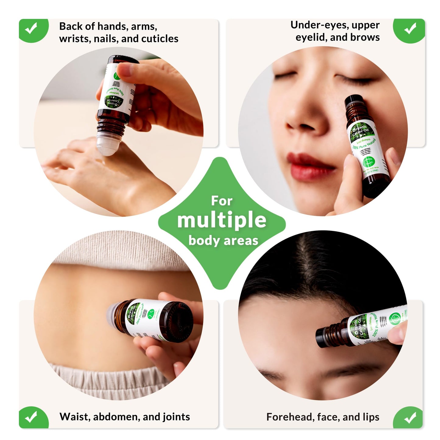 Leczhmyo Organic Castor Oil Roll on for Belly, Face, Body, Under Eyes– Certified Organic, Cold Pressed, Hexane Free, Unrefined – 3 Glass Bottle Pure Roller Ball Castor Oil to Moisturize Skin, Lips