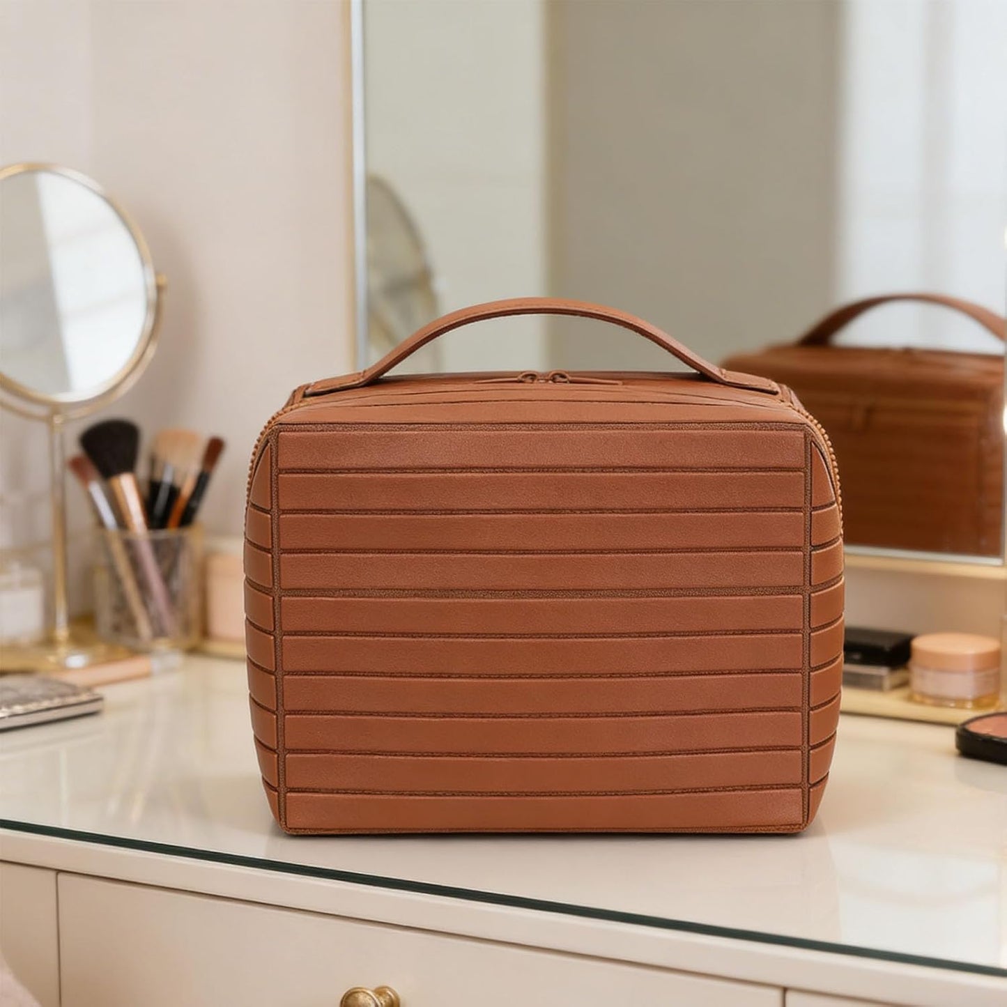 Travel Makeup Bag - Large Capacity Waterproof PU Leather Cosmetic Organizer | Foldable Toiletry Bag with Compartments (Brown)