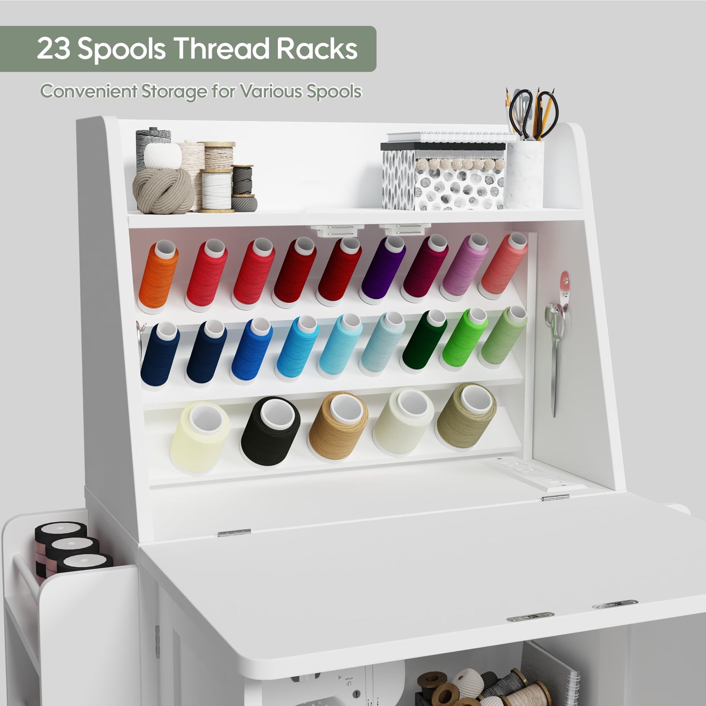 DUDUSHIMAN Portable Sewing Table, Folding Sewing Machine Cabinet Desk with Charging Station, 23 Spools Thread Rack,Sewing Cabinet with Expandable Desk, for Home or Studio Small Spaces (White)