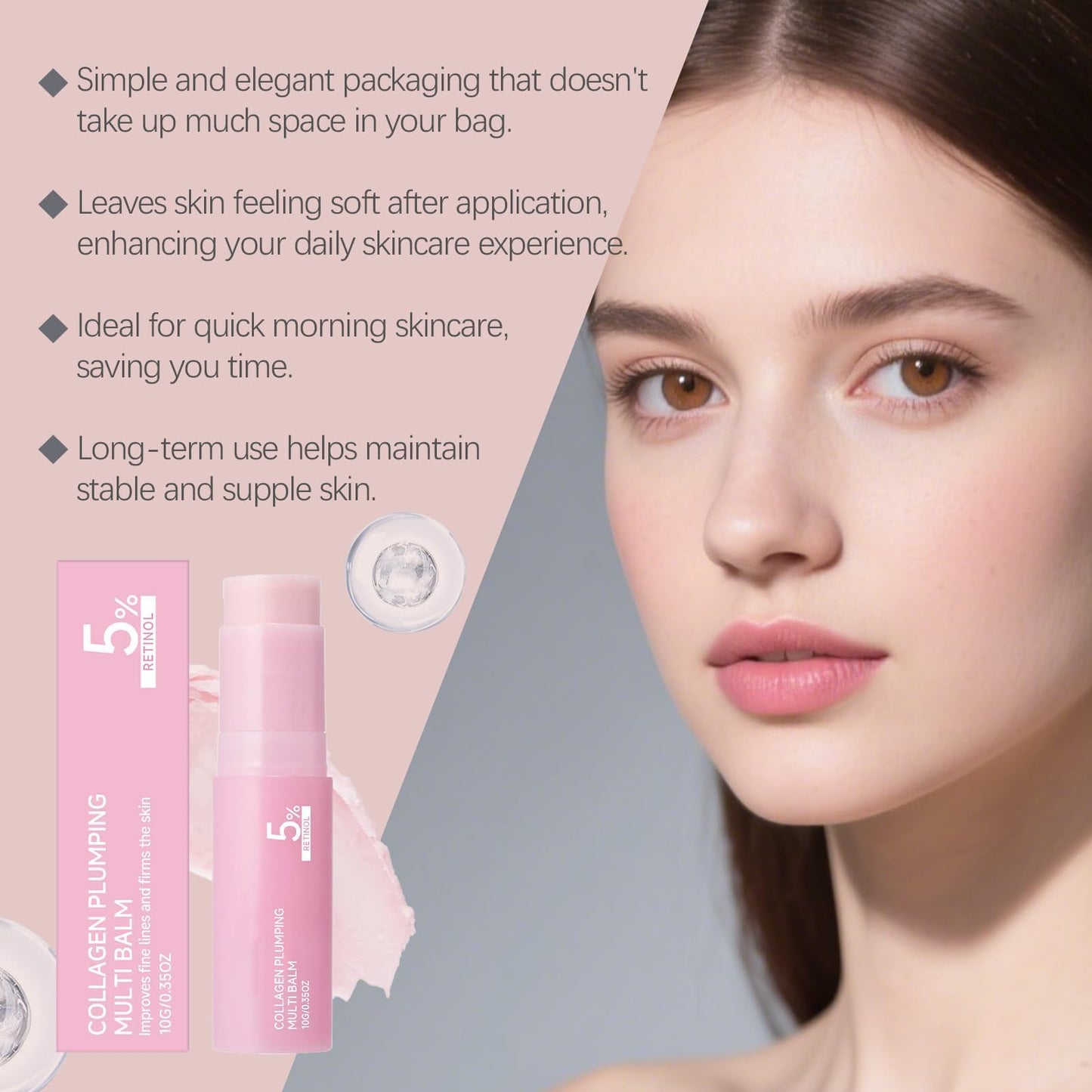 Pink Collagen Volume Multi Balm Stick, Korean Balm Stick for Face with Collagen, Retinol, Caffeine, Volumizing Plumping Hydrating Firming for Face, Eyes, Lips, Neck, 0.35OZ