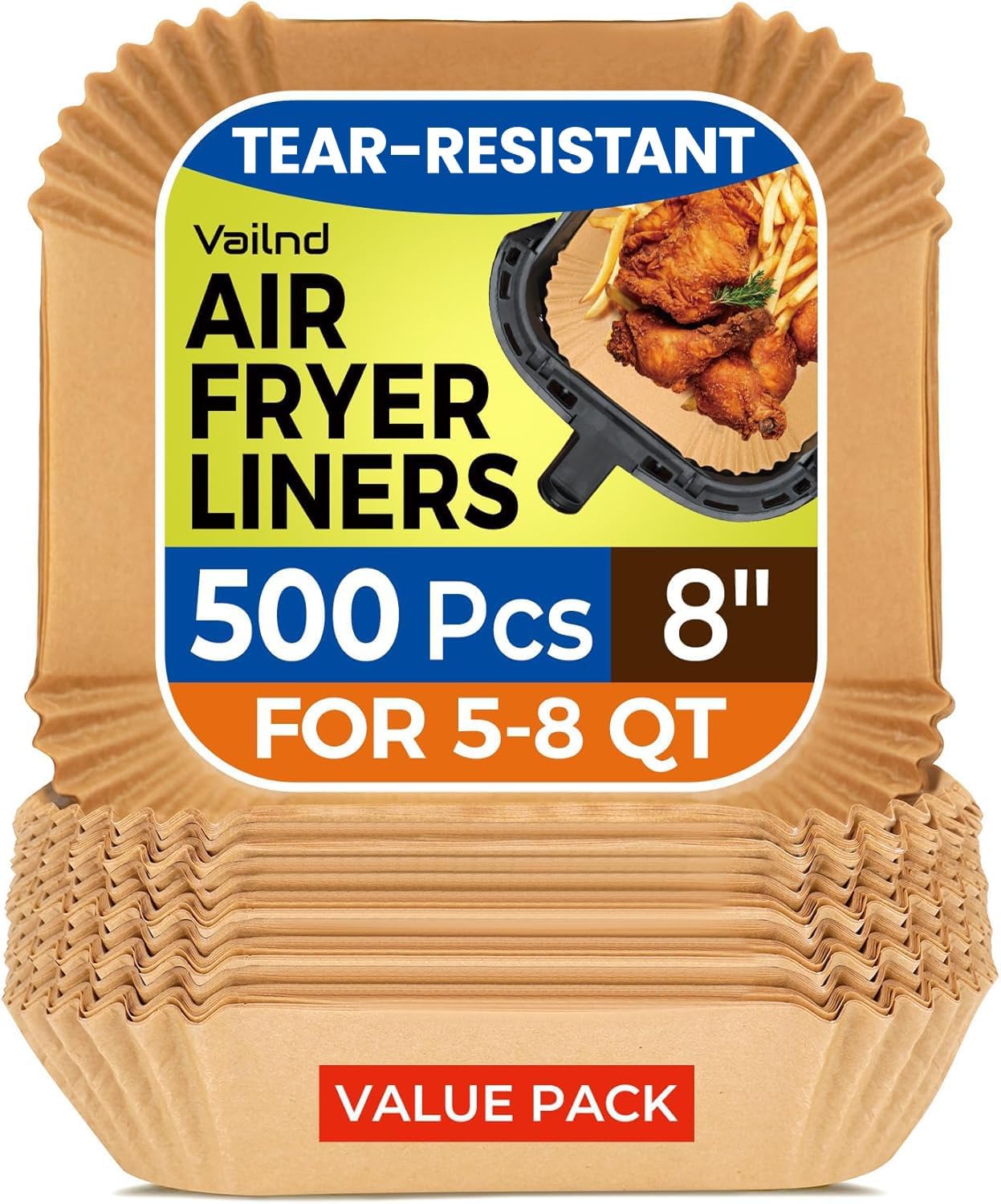 Air Fryer Paper Liners - 125 Pcs Non-Stick Parchment Paper for Microwave | 8-Inch Square, Bleach-Free