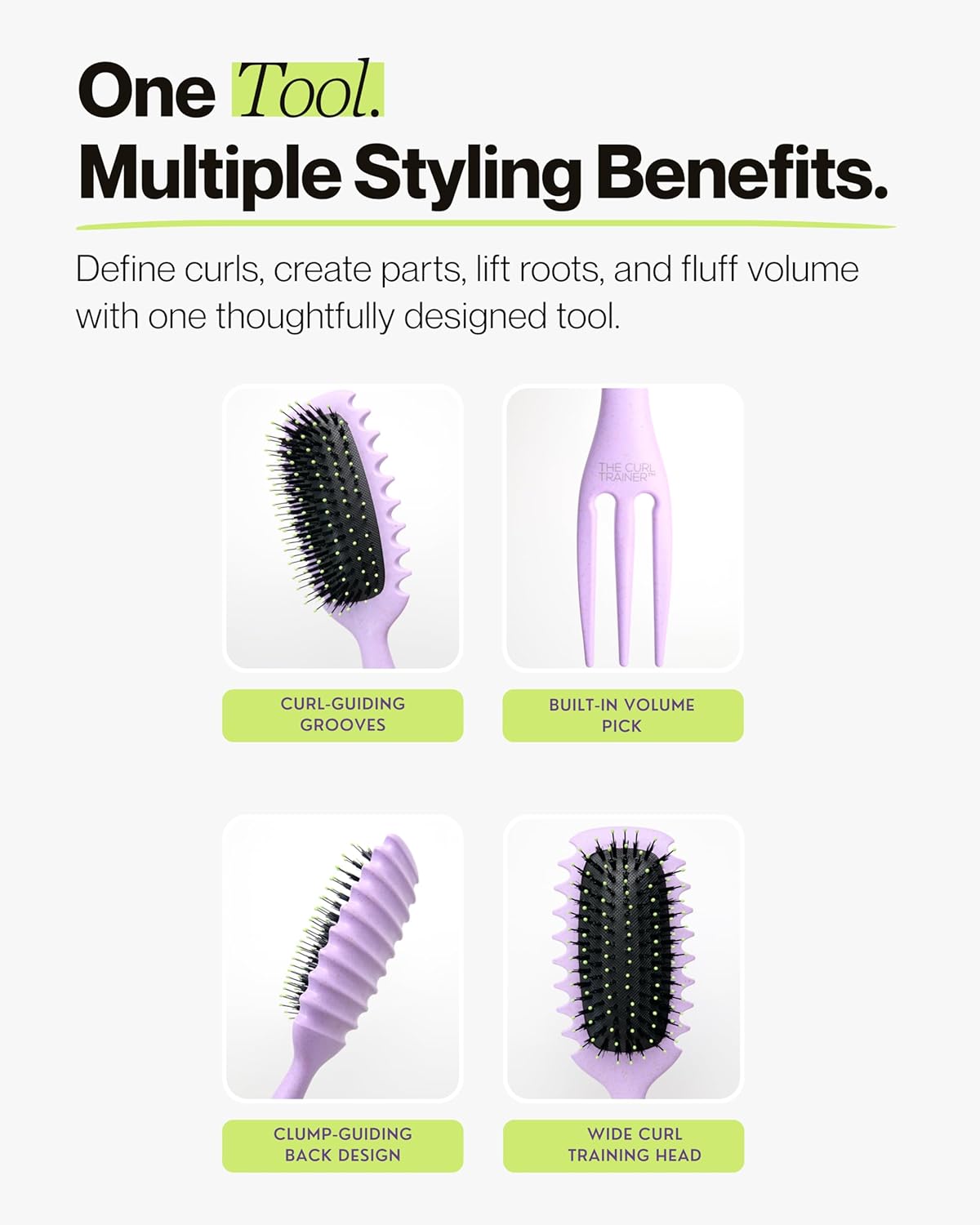 Curl Trainer Pro Curl Defining Brush - Styling Tool for Curly & Wavy Hair | Built-In Volume Pick, Purple