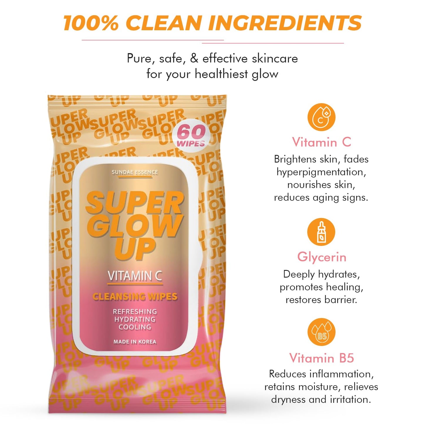 Vitamin C Facial Wipes - Hydrating & Brightening Korean Skin Care | Anti-Aging, Vegan, 95% Natural - 1 Pack