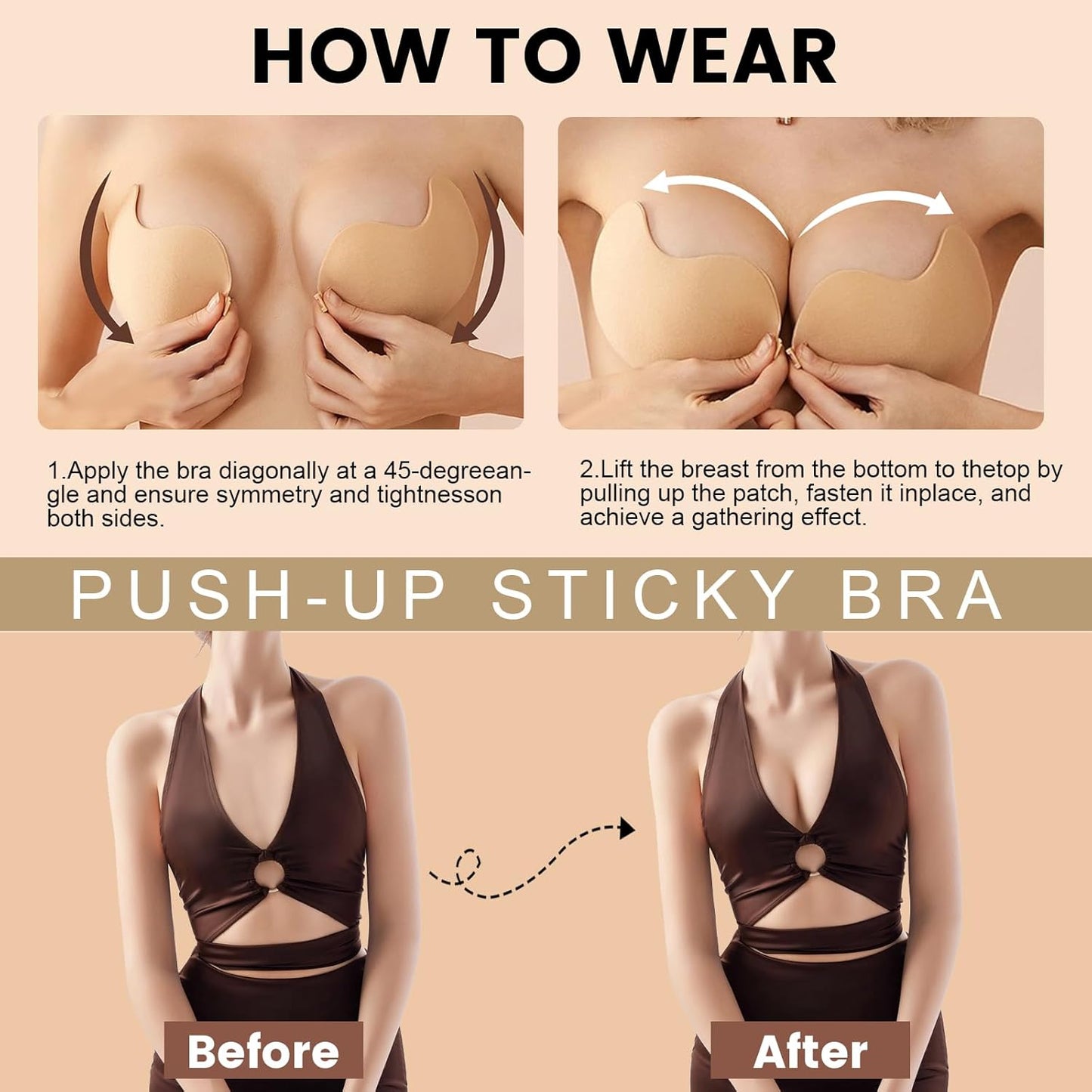Cleavage Bra - Push Up Sticky Strapless Backless Invisible Adhesive Bra Set for Women | Black/Nude
