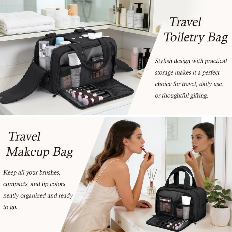 Travel Toiletry Bag, Large Wide-open Puffy Toiletry Bag for Women, Lightweight Quilted Makeup Bag Cosmetic Organizer with Handle Water-resistant Travel Essentials for Toiletries Accessories Black