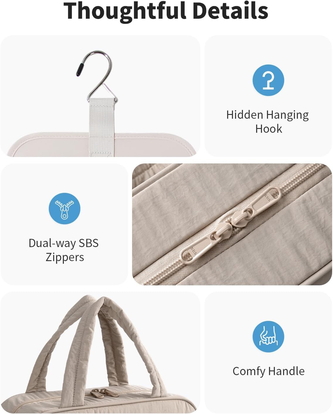 Hanging Travel Toiletry Bag for Women - Quilted Makeup Organizer with Handle | Portable Khaki Bathroom Essentials