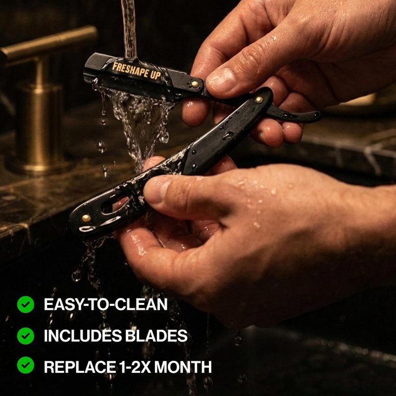 Freshape Up Professional Single Blade Razor for Men – Barber Straight Razor Safety Kit with 100 Single Edge Straight Razor Blades (4.4 cm) & 10 Hairline Wipes for Precise Shaving (Black & Gold)
