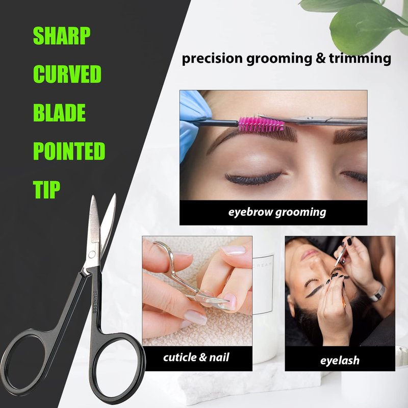 Facial Hair Small Grooming Scissors For Men Women - Eyebrow, Nose Hair, Mustache, Beard, Eyelashes, Ear Trimming Kit - Curved and Rounded Safety Tip Clippers For Hair Cutting- 2PCS Black