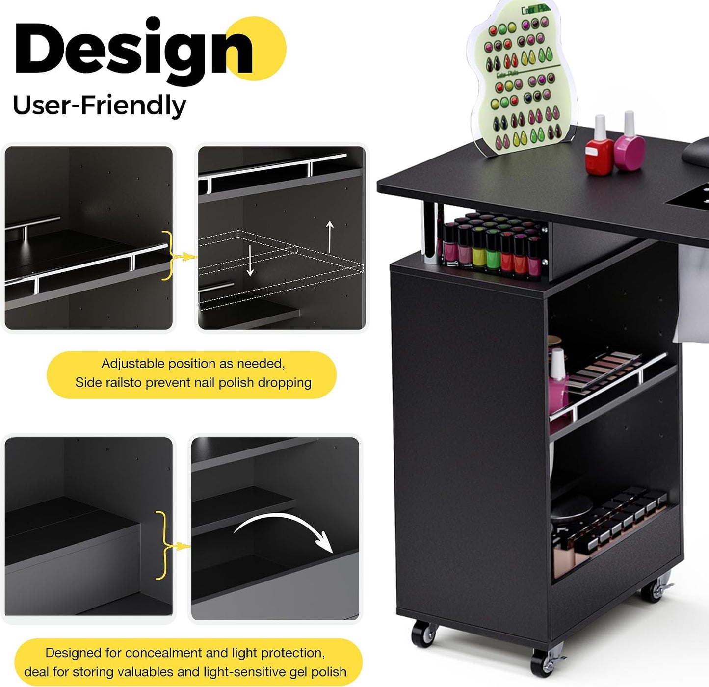 Nail Tech Table - Manicure Desk with Dust Collector, Arm Rest & Wheels | Black Beauty Salon Station