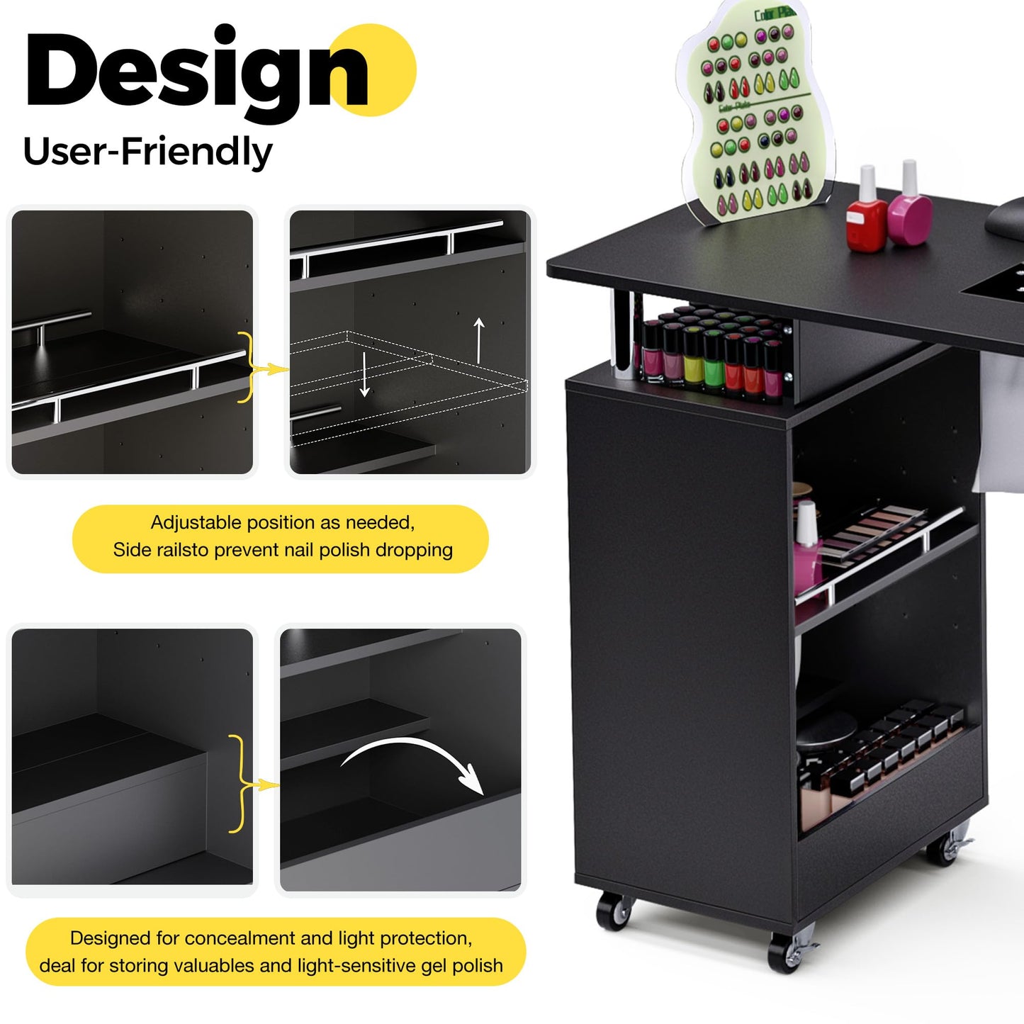 HolaiNail Manicure Table, Nail Desk Nail Tech Table with Dust Collector, Arm Rest, Wheels, Drawer & Cabinet, Beauty Salon Station, Black