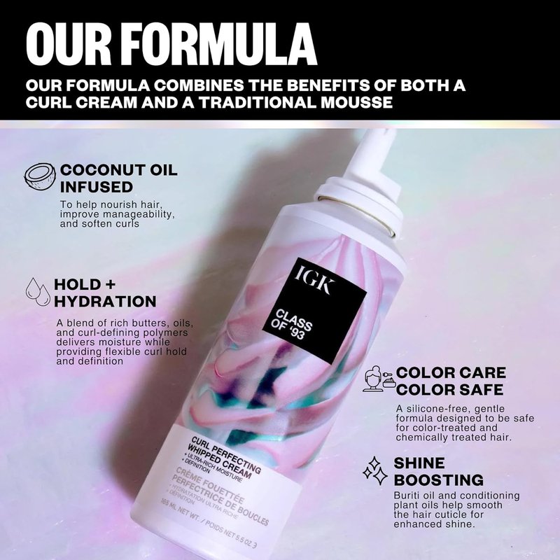 IGK Curl Cream - Whipped Leave-In Conditioner & Curl Defining Styler for Curly Hair | 5.5 Oz, Vegan & Silicone-Free