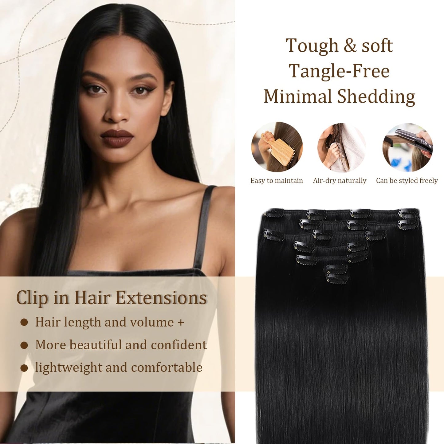 Clip in Hair Extensions Real Human Hair, 24 Inch 120g/7Pcs,Full Shine Remy Hair,1B Natural Black Clip ins Brazilian Virgin Human Hair Extensions
