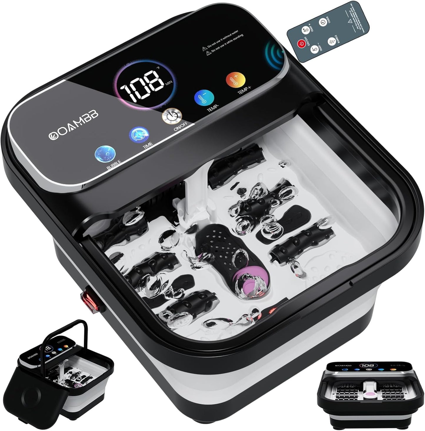 Collapsible Foot Spa - Heated Bubble Bath Massager with Remote Control & 6 Rollers | Deep Grey Soaking Tub